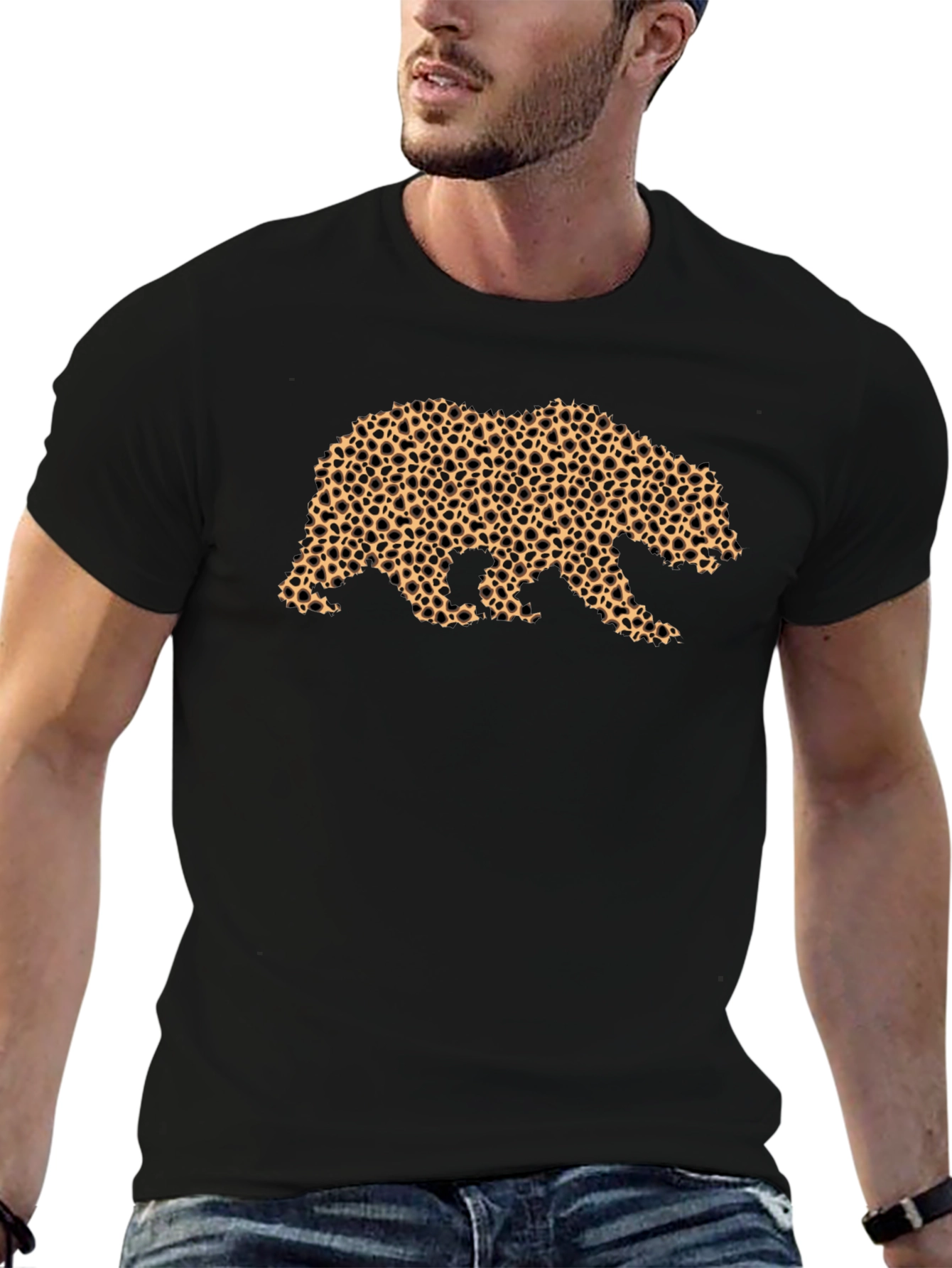 Bear Print Tee - Black Cotton Casual Comfort