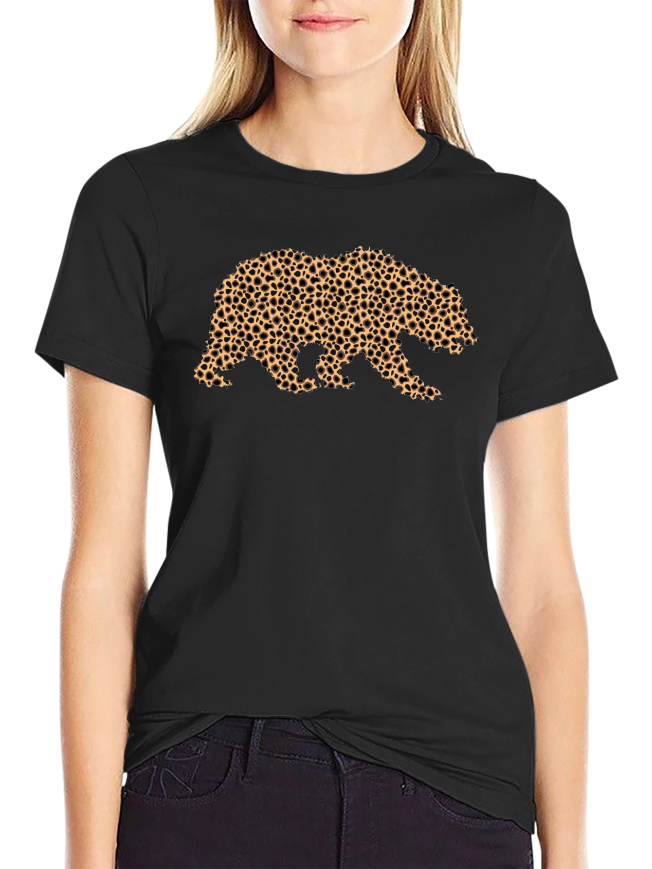 Bear Print Tee - Black Cotton Casual Comfort