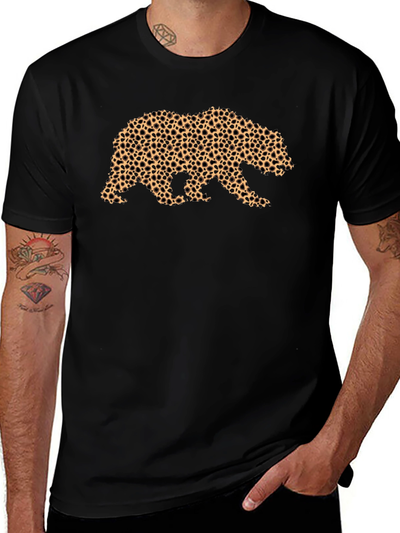 Bear Print Tee - Black Cotton Casual Comfort