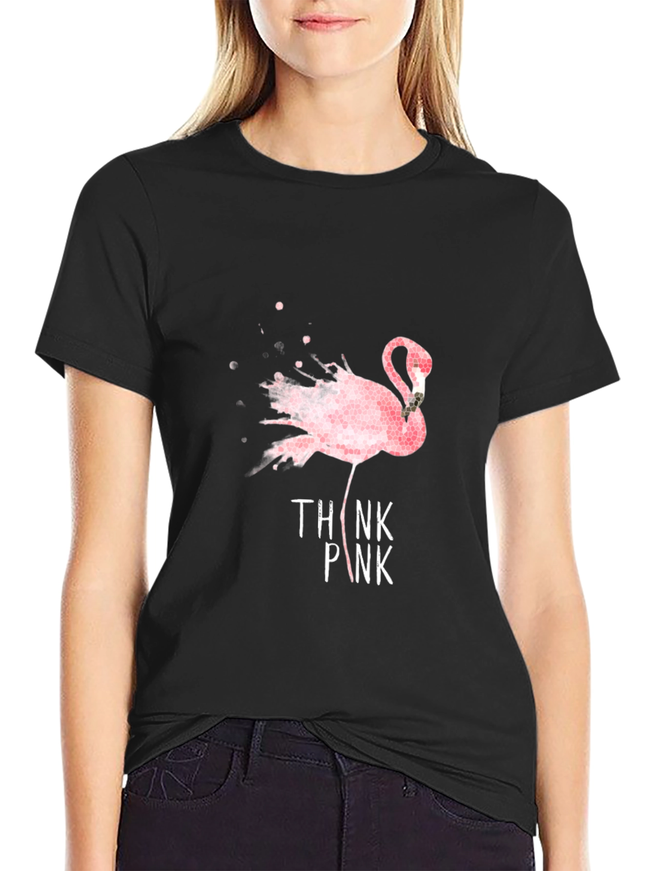 Think Pink Flamingo Graphic T-Shirt - Black