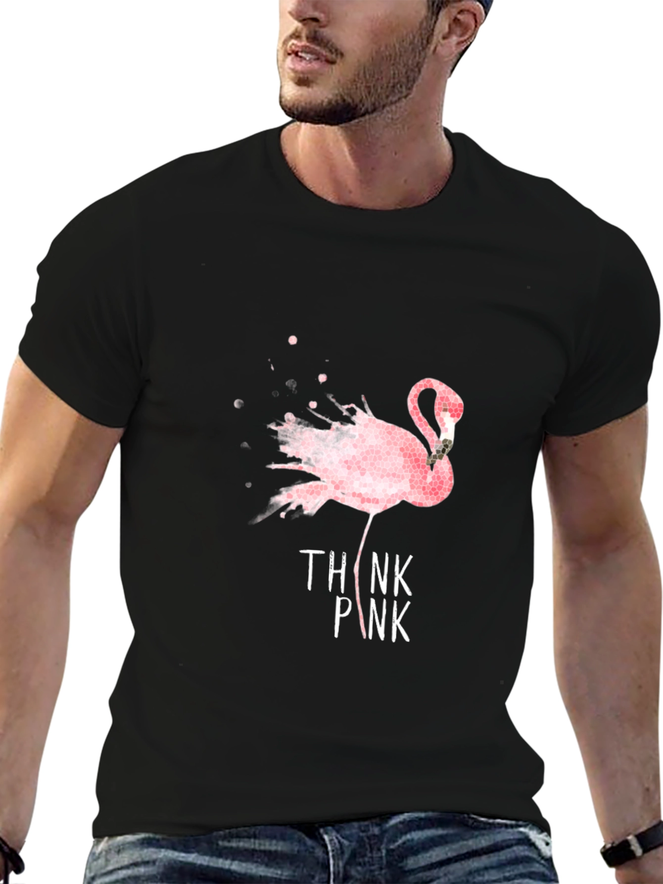 Think Pink Flamingo Graphic T-Shirt - Black