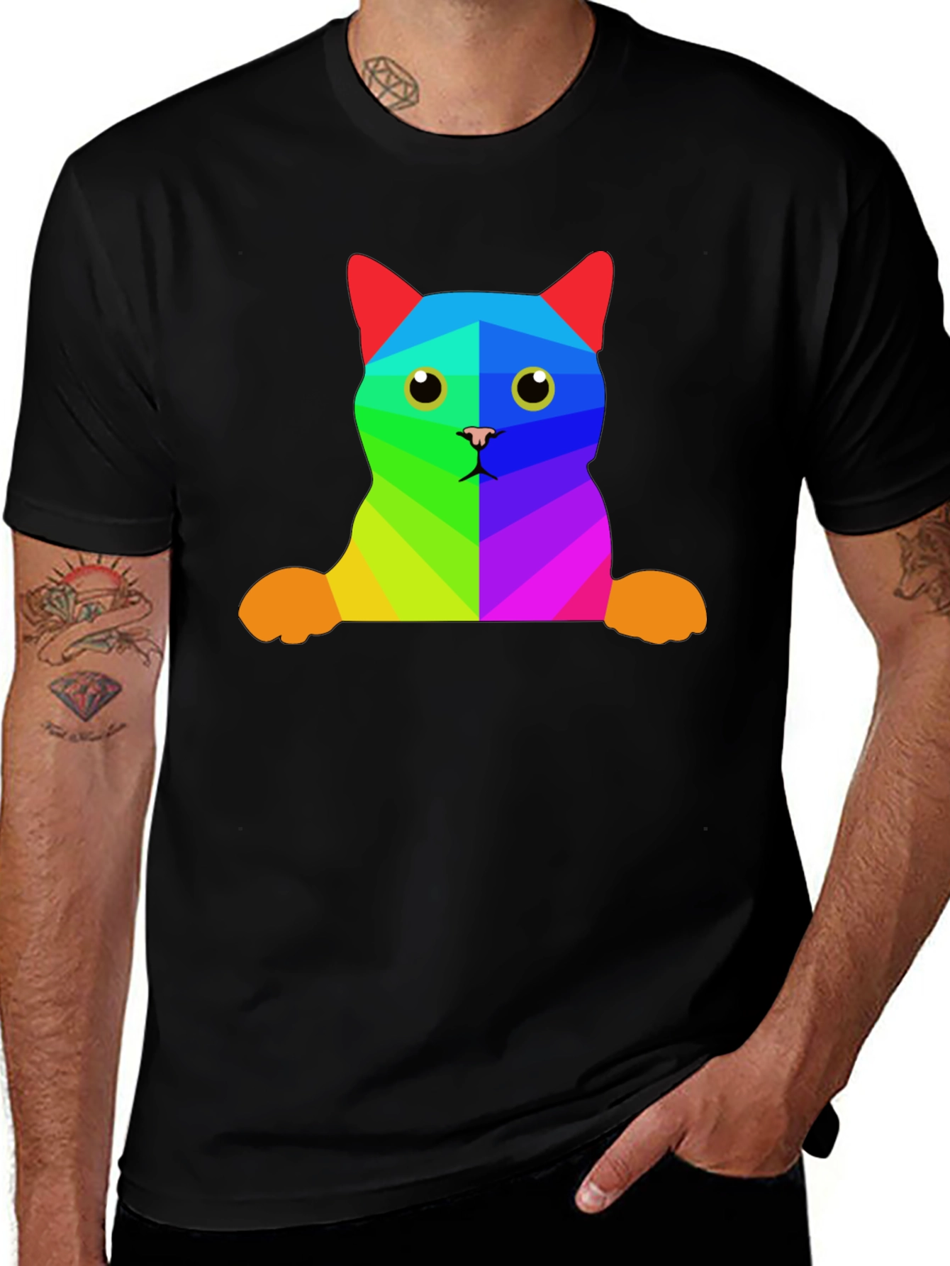 Rainbow Geometric Cat T-Shirt - Unique Graphic Tee