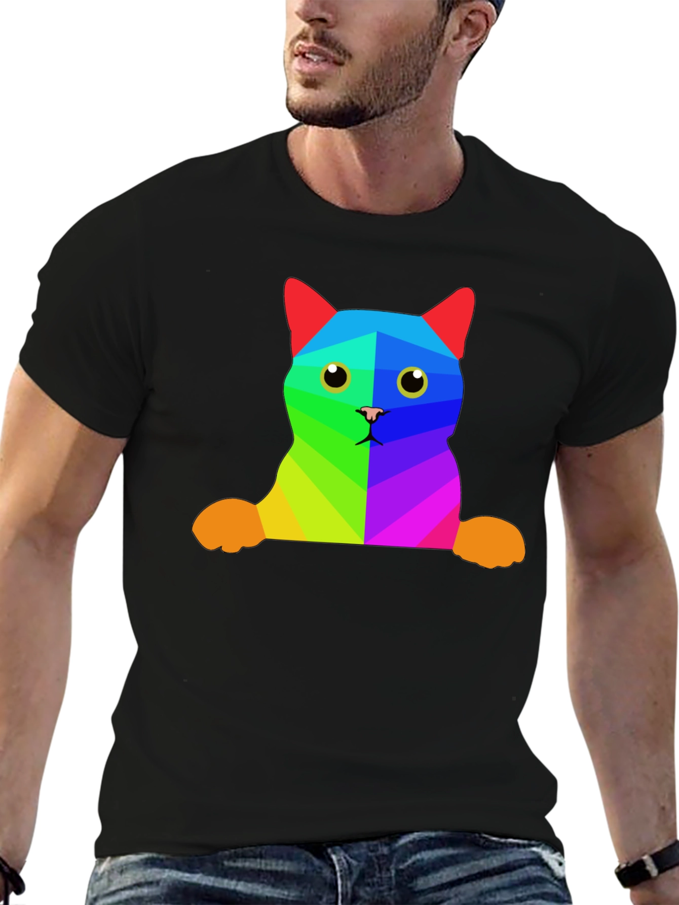 Rainbow Geometric Cat T-Shirt - Unique Graphic Tee