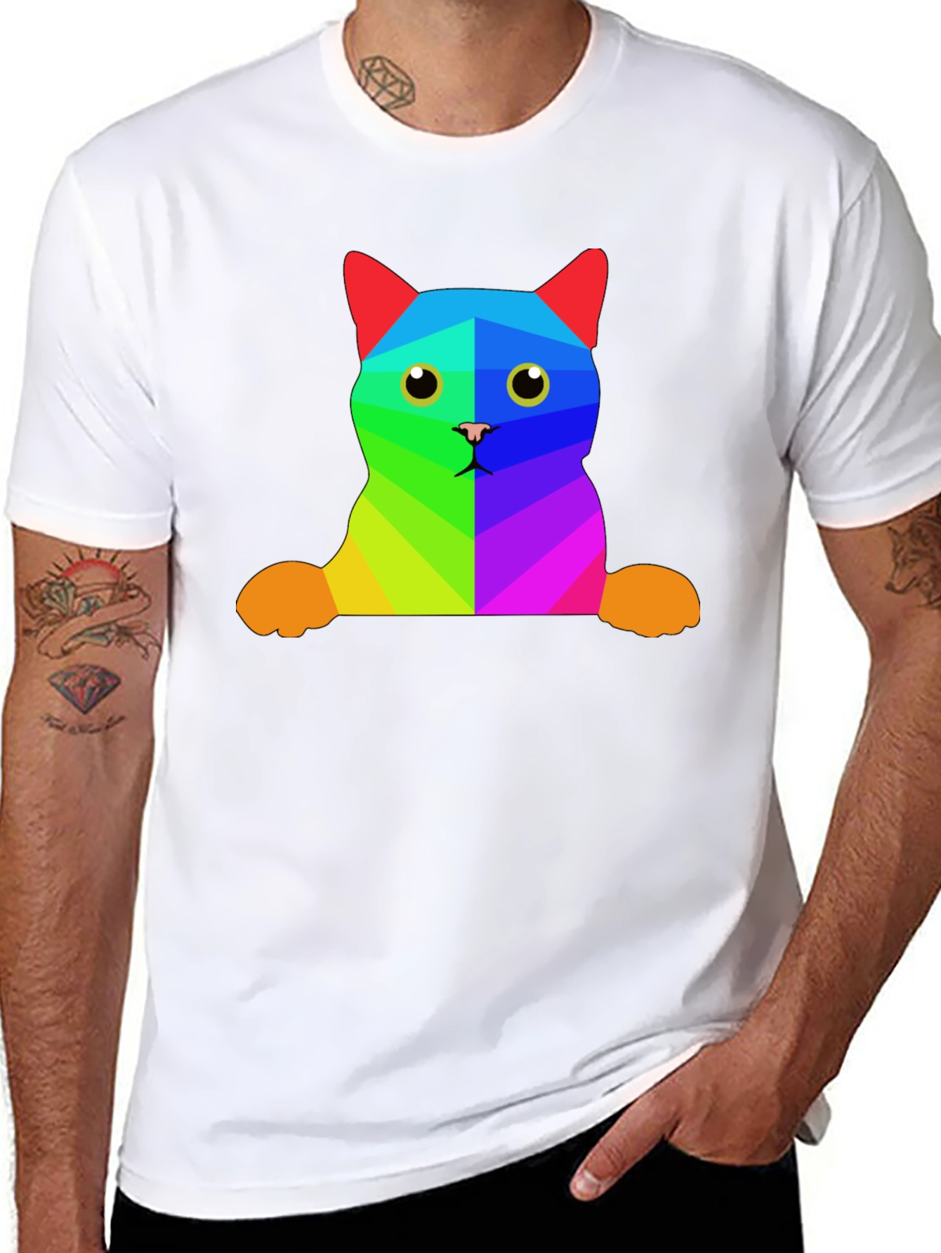 Rainbow Geometric Cat T-Shirt - Unique Graphic Tee