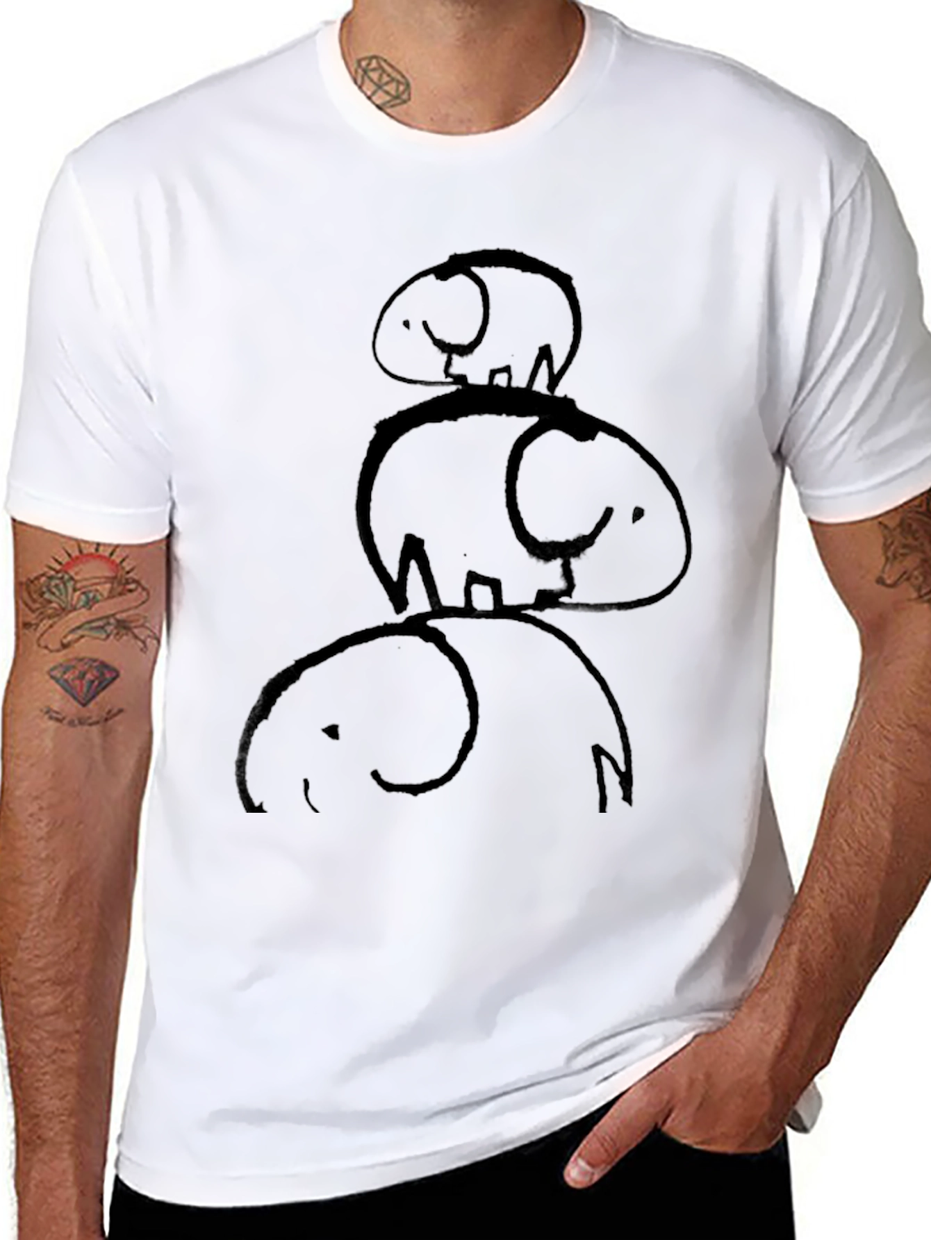 Stacked Elephants Graphic Tee - Black Cotton Casual Shirt