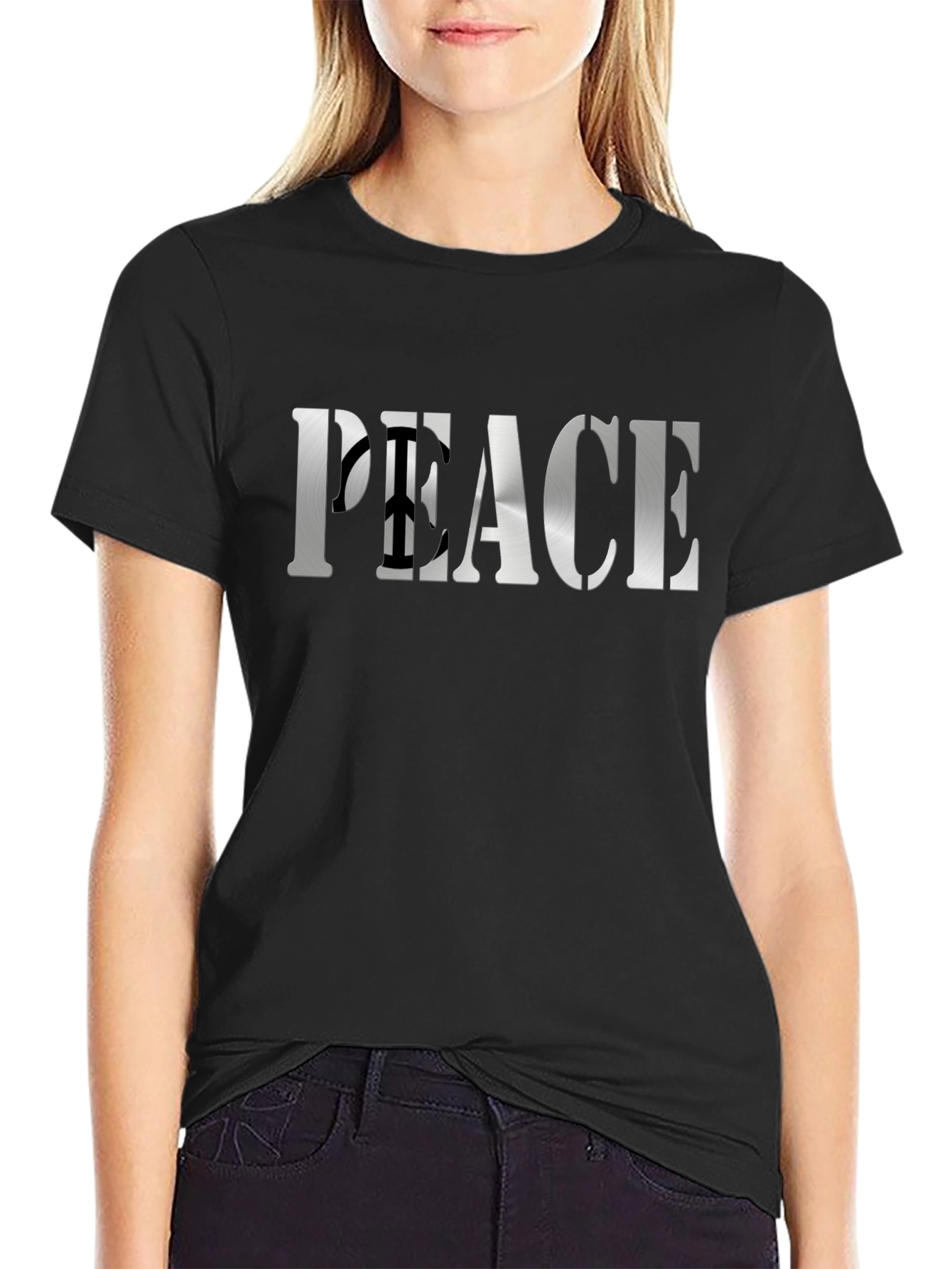 Peace Sign Graphic Tee - Black Cotton Blend