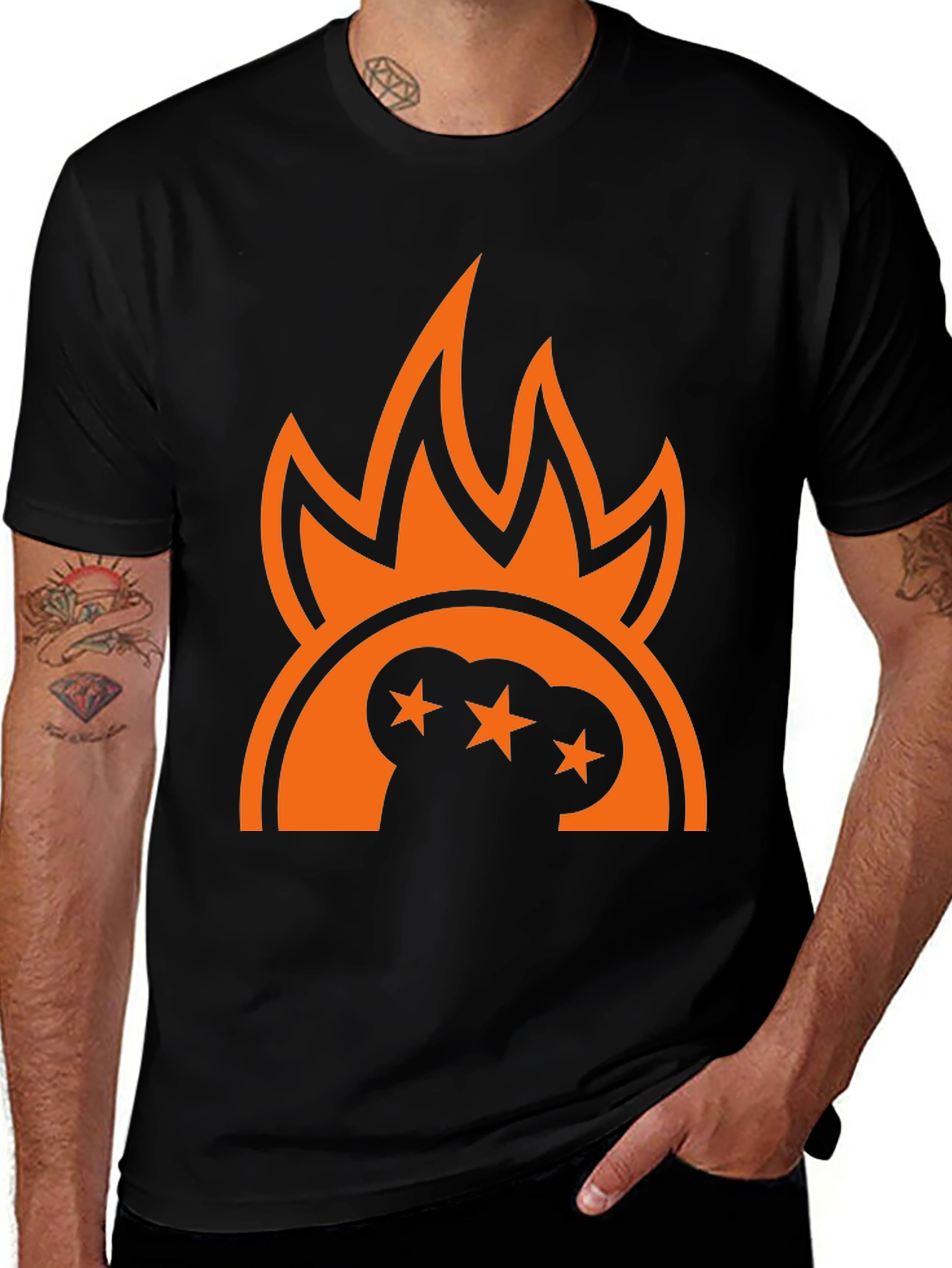 Bold Graphic Tee - Flames and Stars Design
