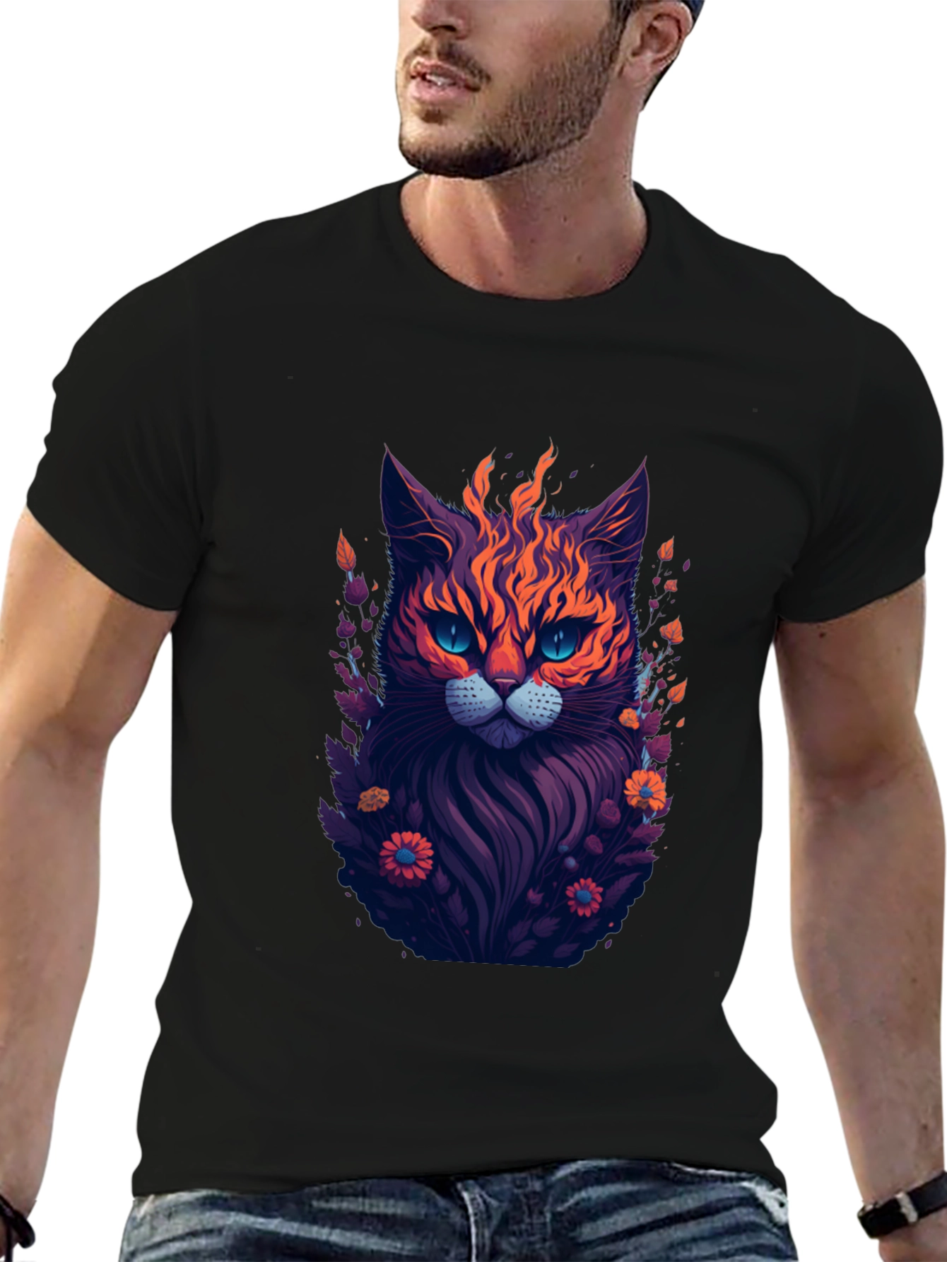 Fiery Feline Graphic Tee - Stylish Cat Design