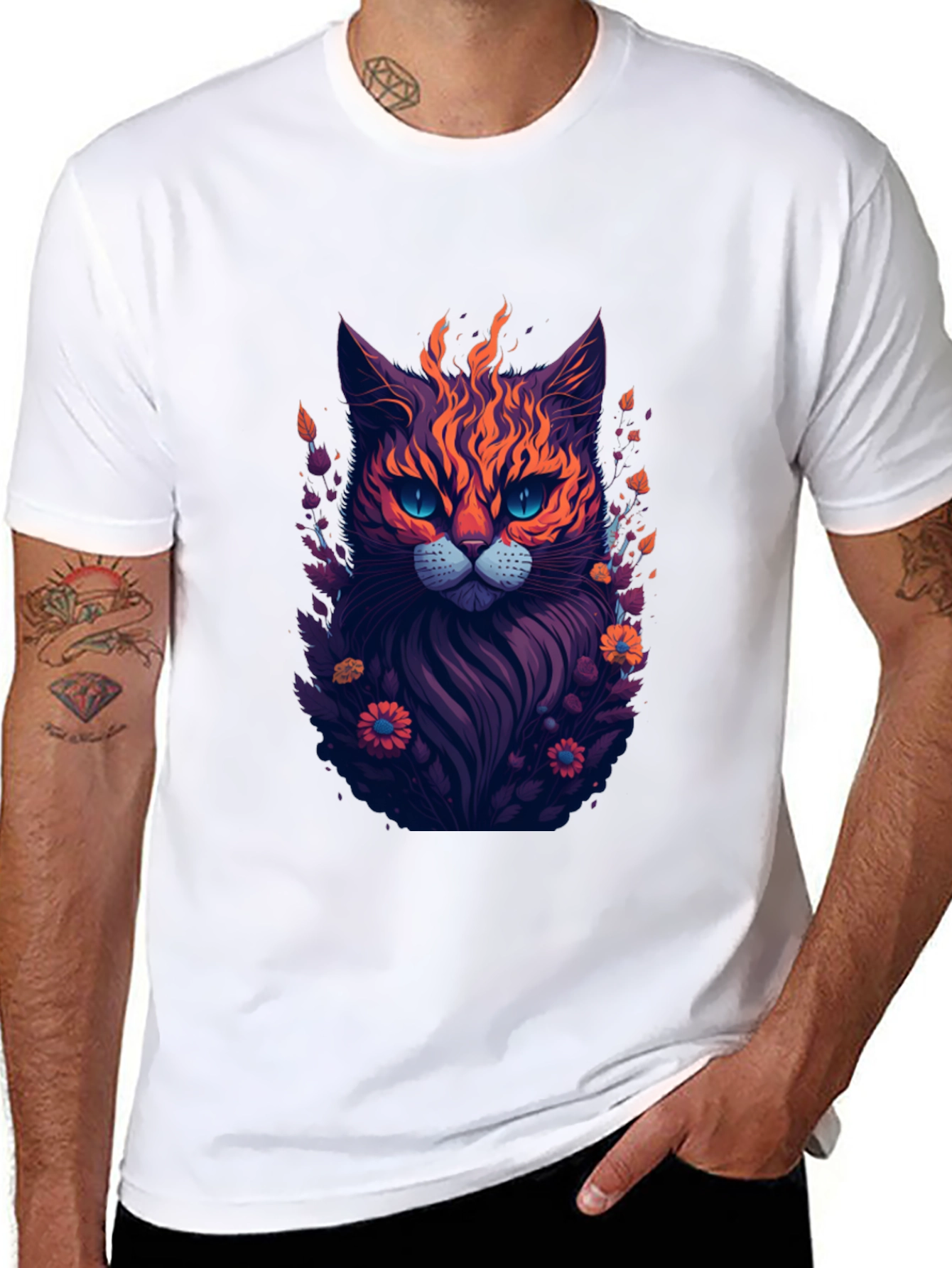 Fiery Feline Graphic Tee - Stylish Cat Design