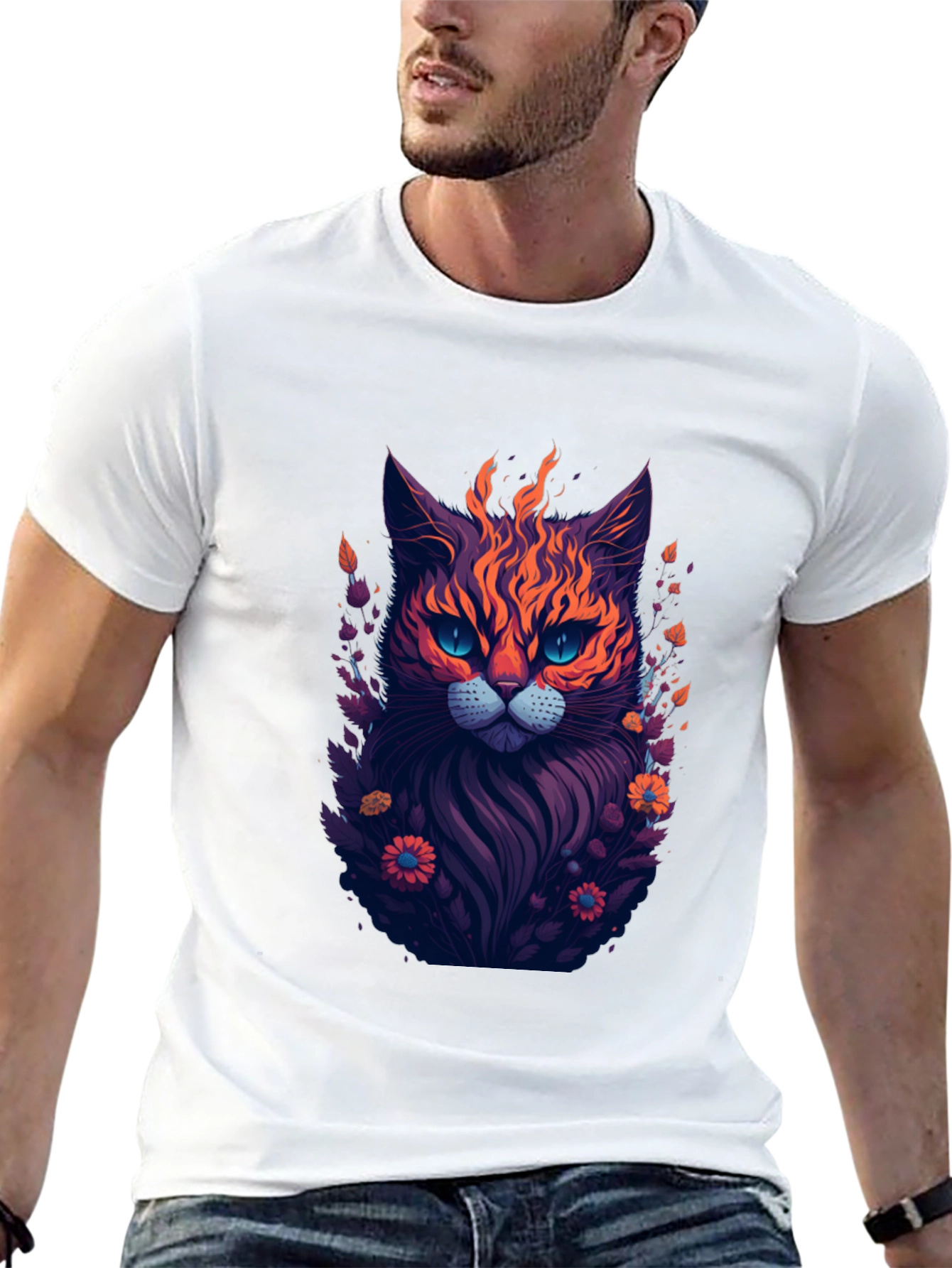 Fiery Feline Graphic Tee - Stylish Cat Design