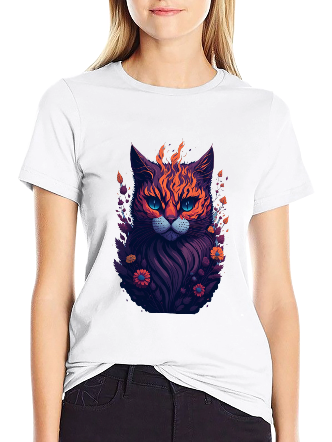 Fiery Feline Graphic Tee - Stylish Cat Design