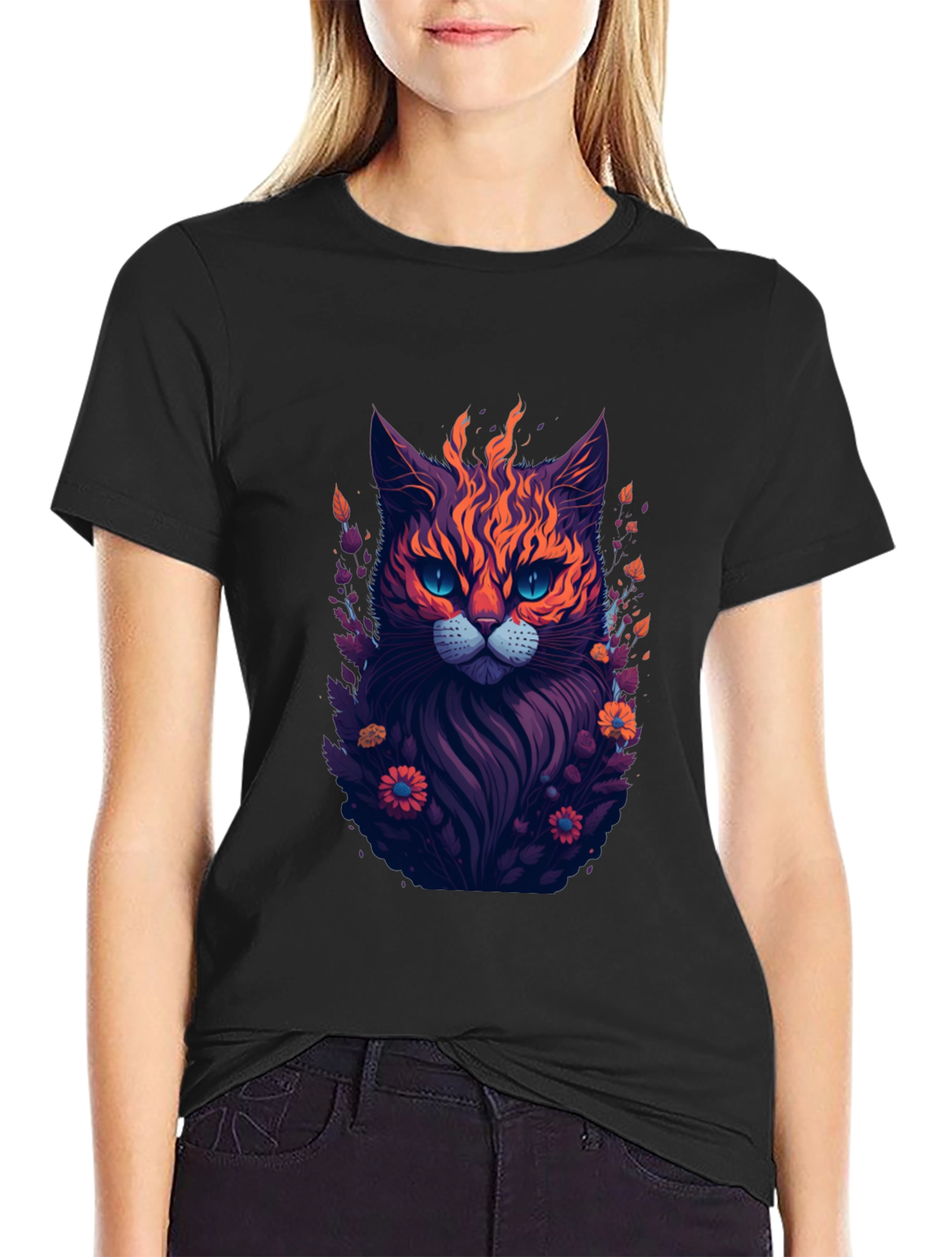 Fiery Feline Graphic Tee - Stylish Cat Design