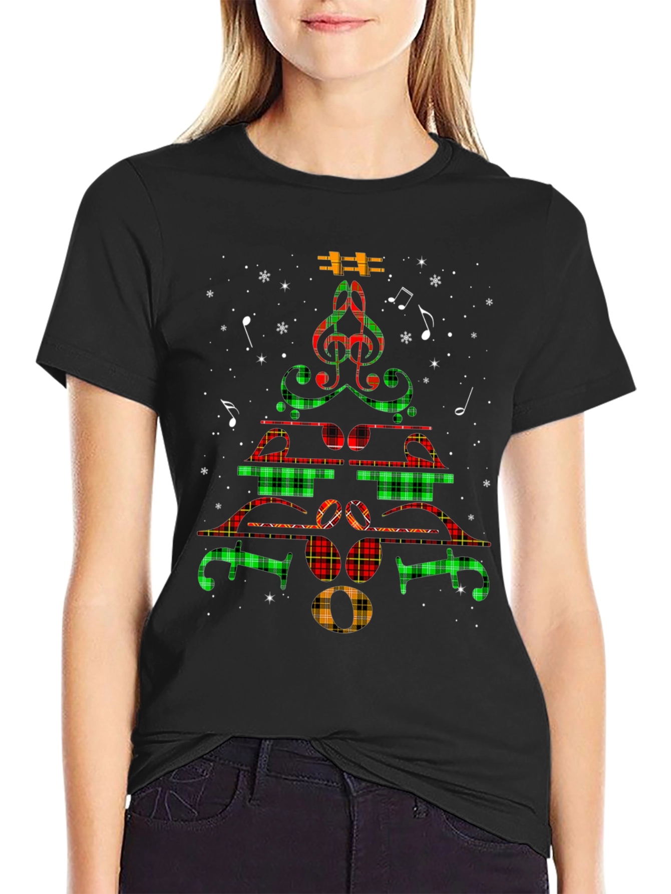 Musical Christmas Tree T-Shirt - Plaid Notes Festive Tee