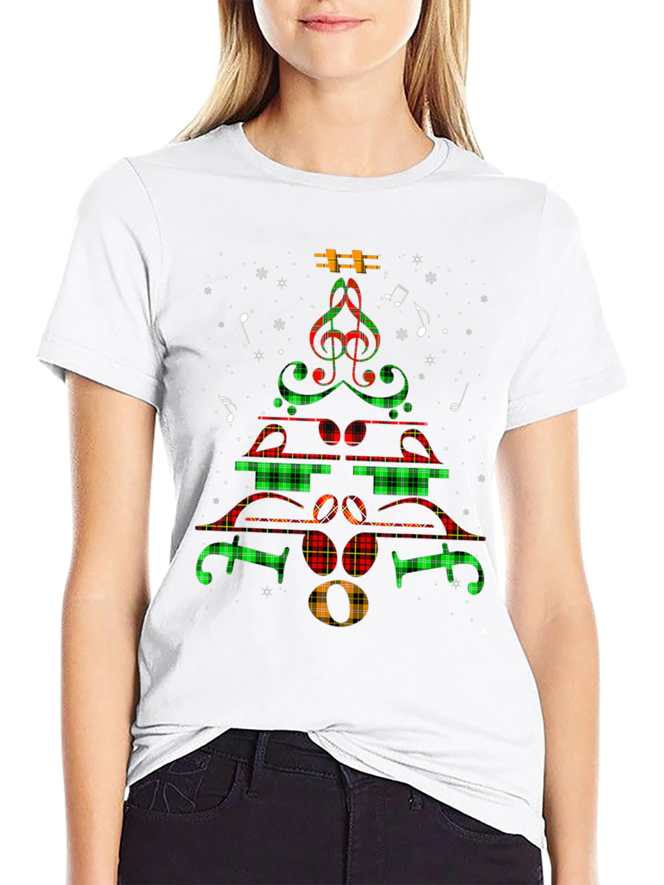 Musical Christmas Tree T-Shirt - Plaid Notes Festive Tee