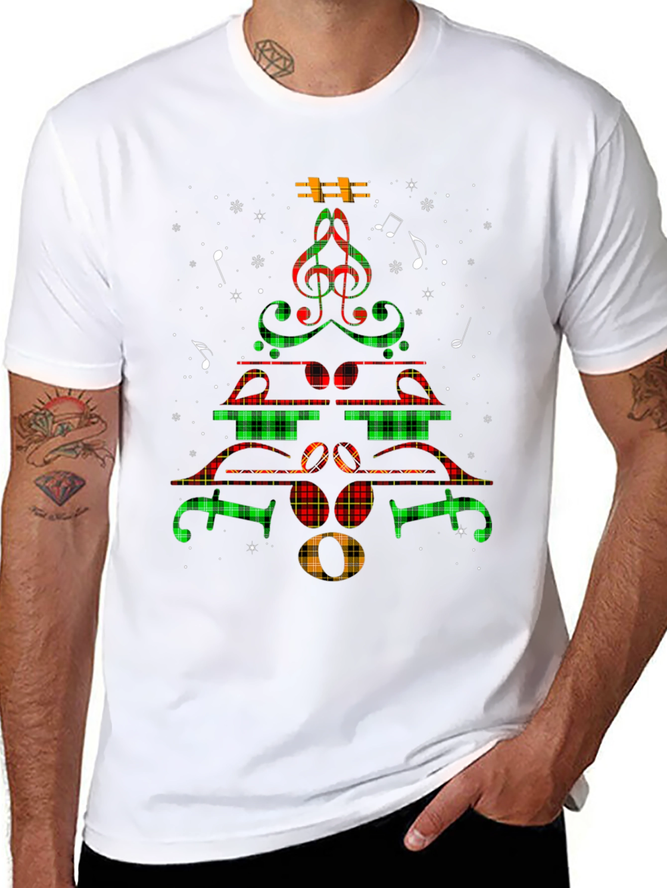Musical Christmas Tree T-Shirt - Plaid Notes Festive Tee