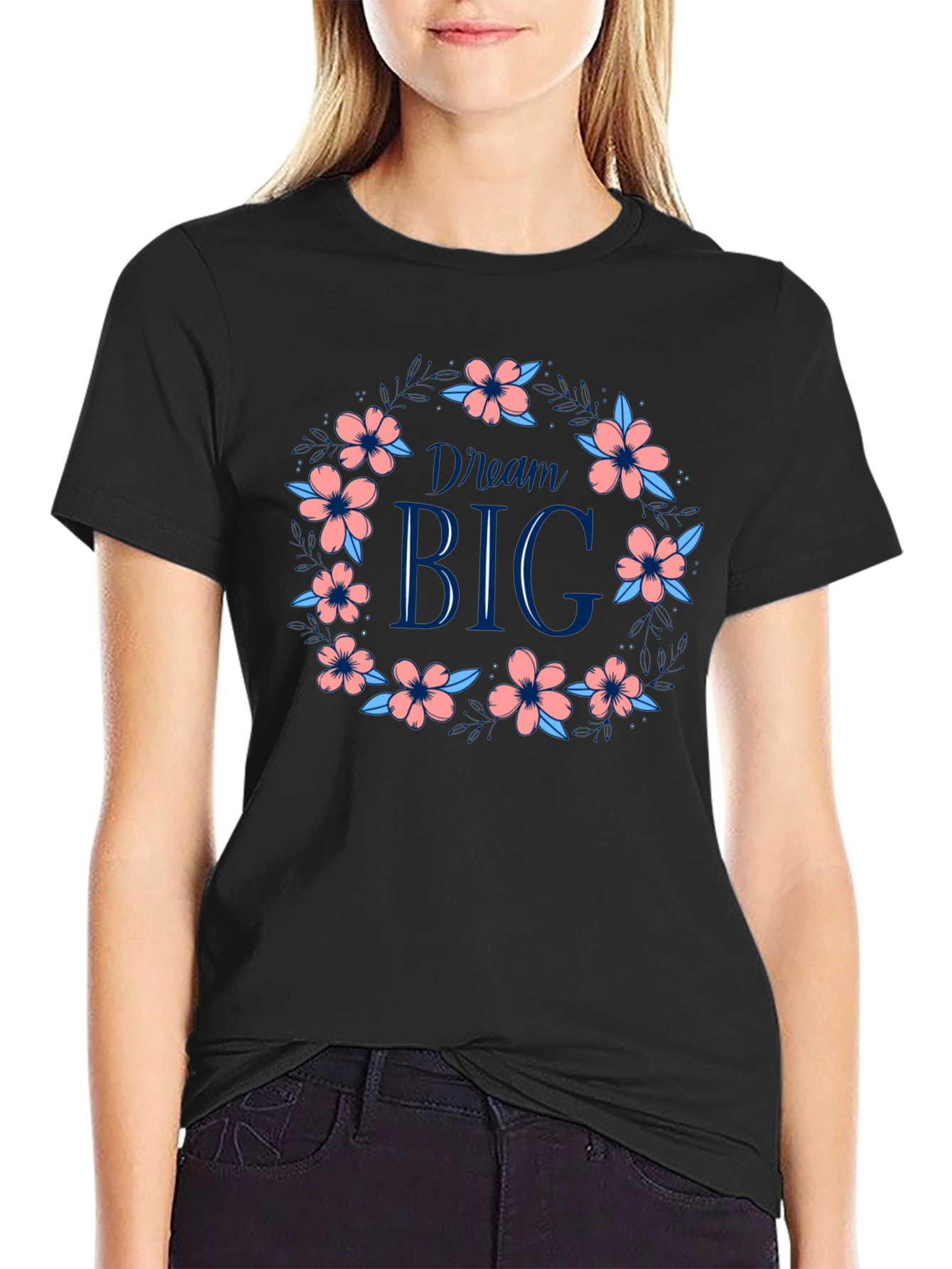Dream Big Floral Wreath Graphic Tee - Black