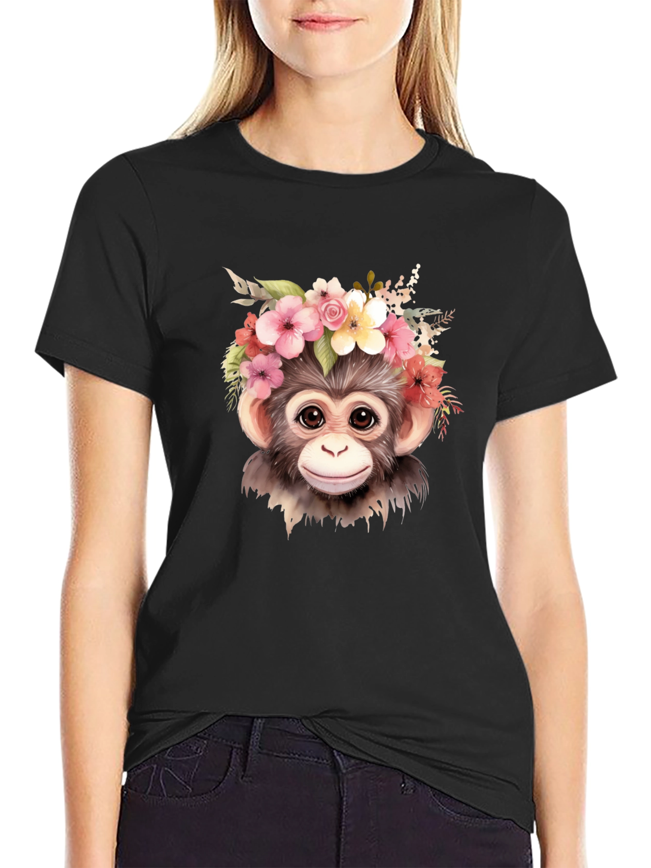 Monkey Flower Crown Black T-Shirt