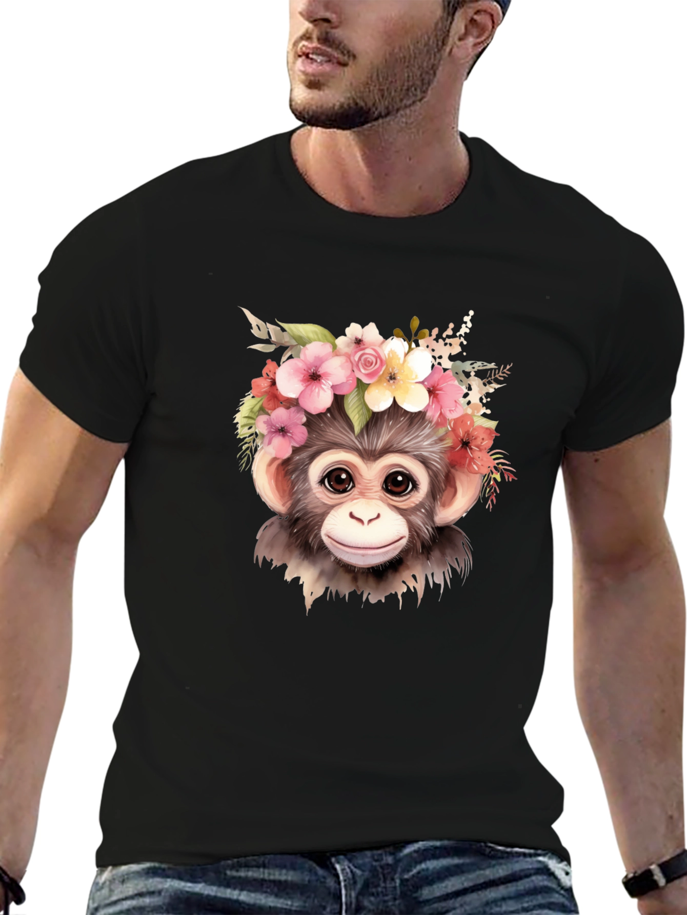 Monkey Flower Crown Black T-Shirt