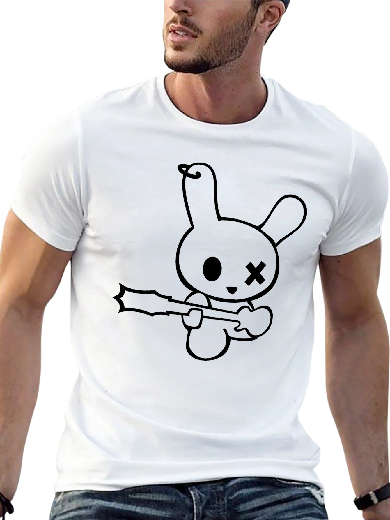 Black T-Shirt with Cartoon Bunny Graphic