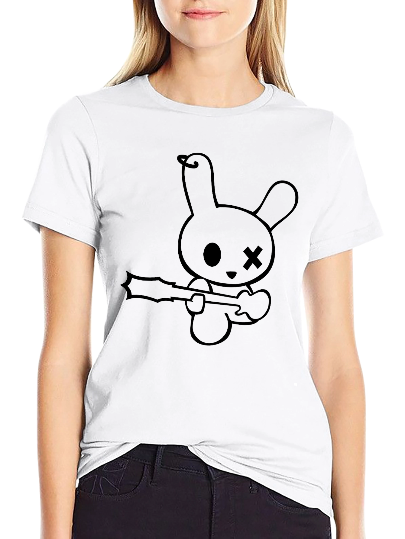 Black T-Shirt with Cartoon Bunny Graphic