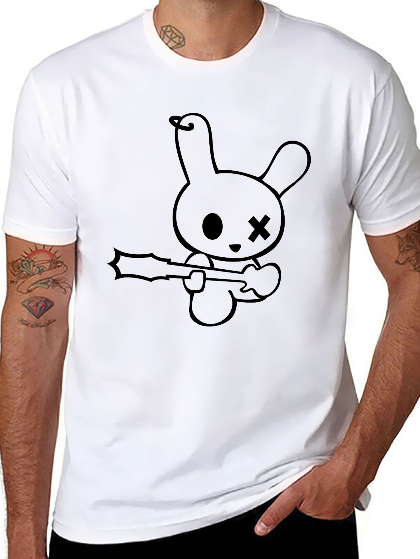 Black T-Shirt with Cartoon Bunny Graphic