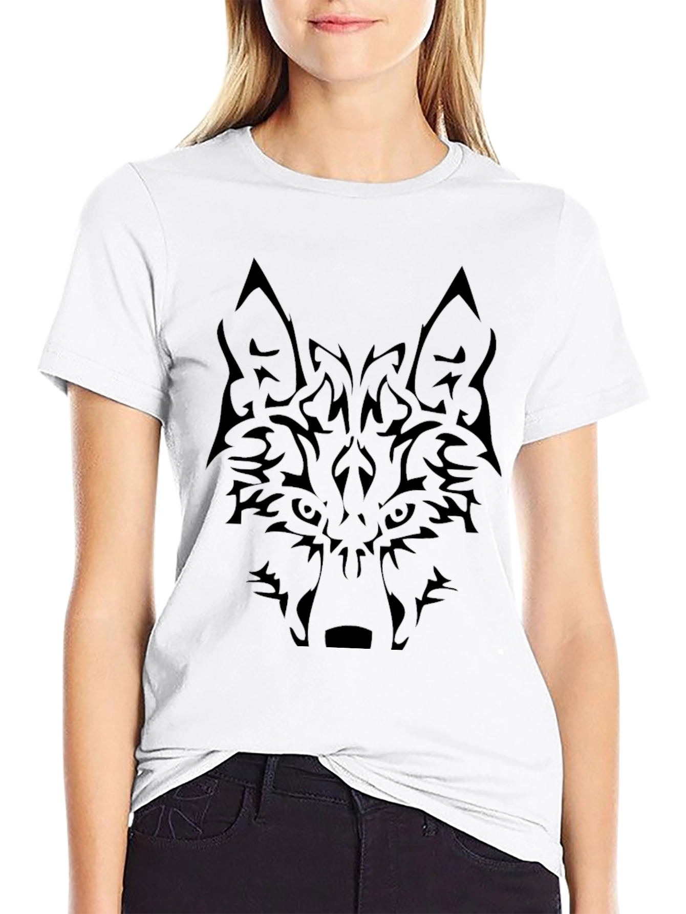 Mens Black Wolf Graphic Tee - Tribal Design