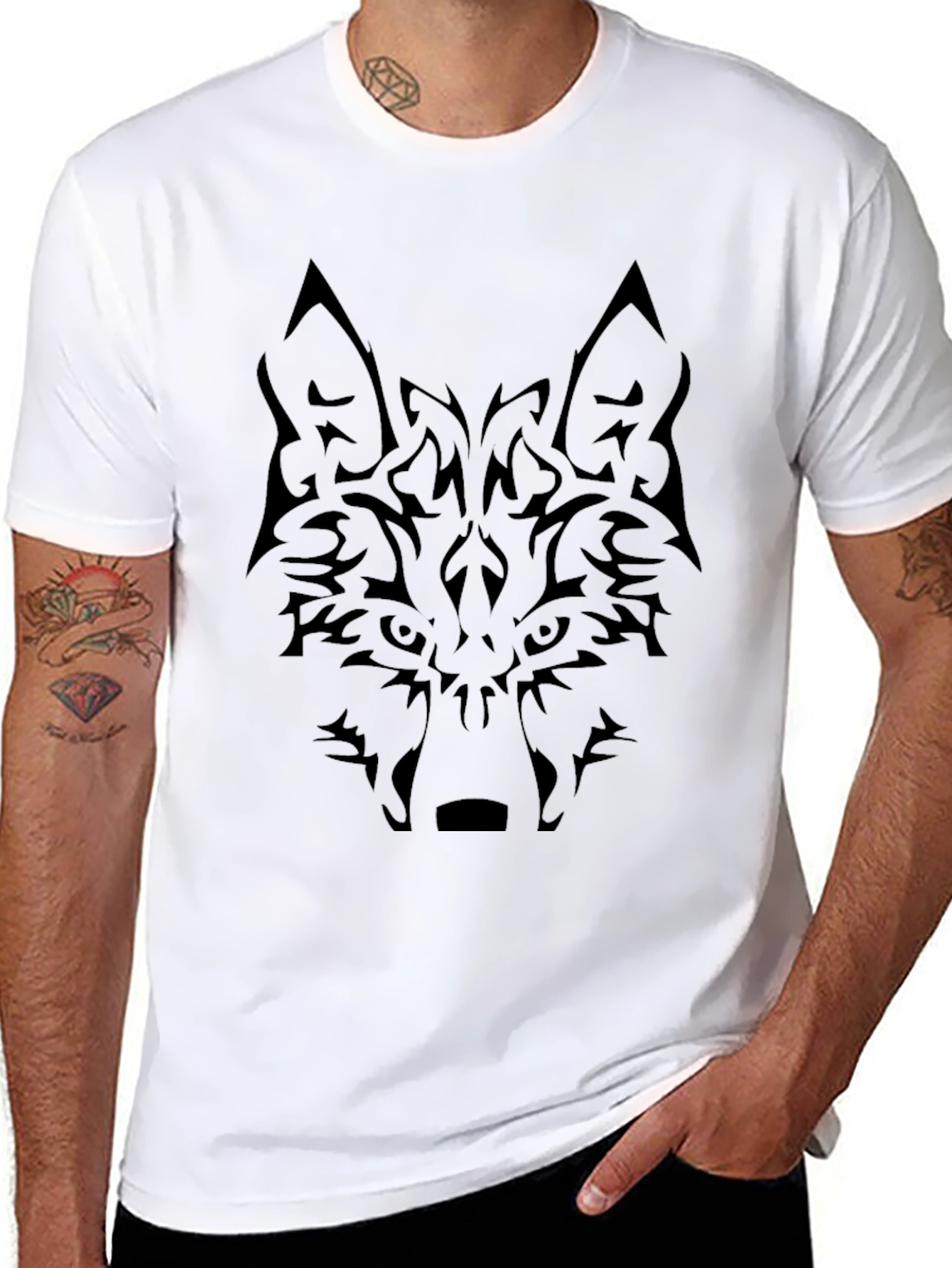 Mens Black Wolf Graphic Tee - Tribal Design
