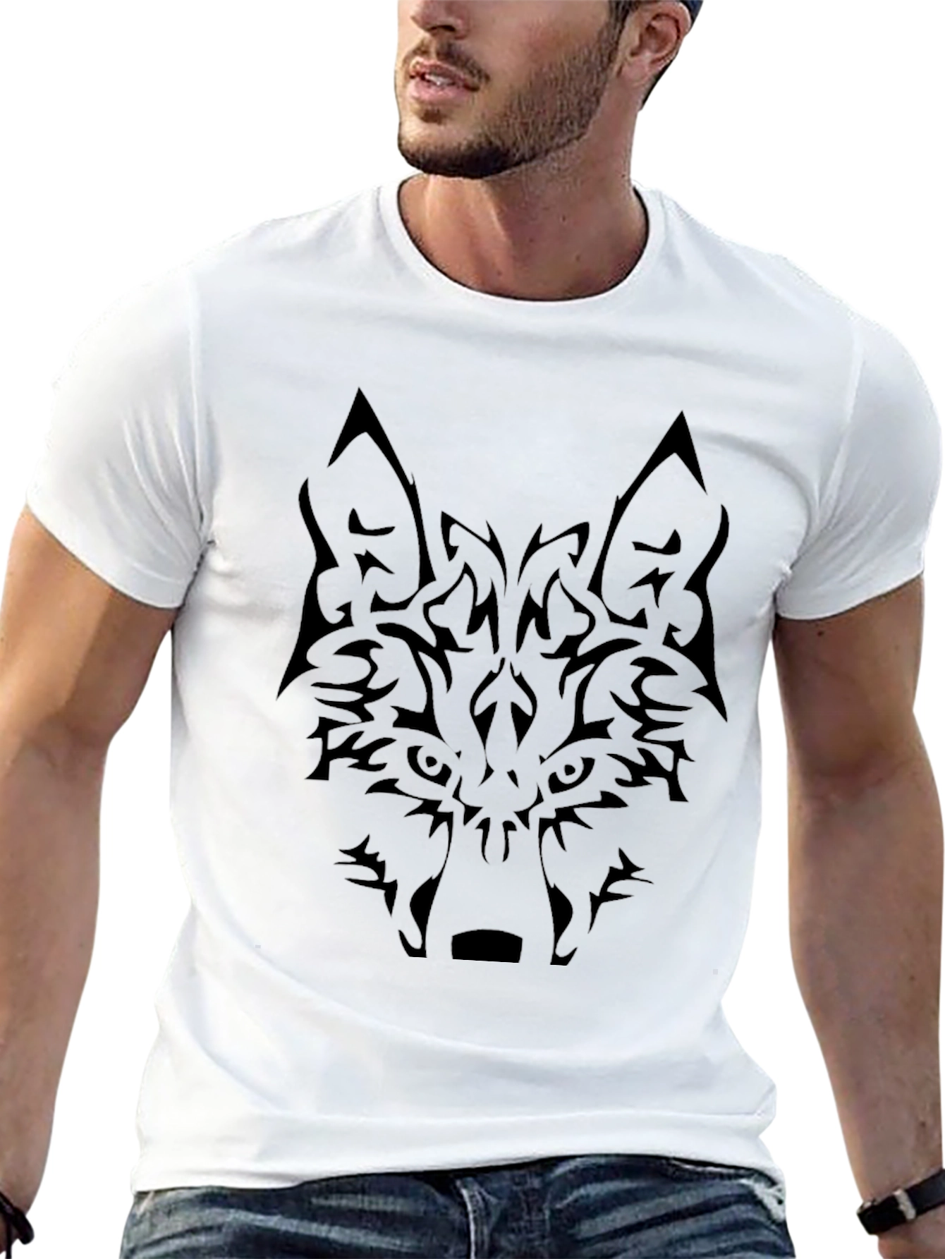 Mens Black Wolf Graphic Tee - Tribal Design