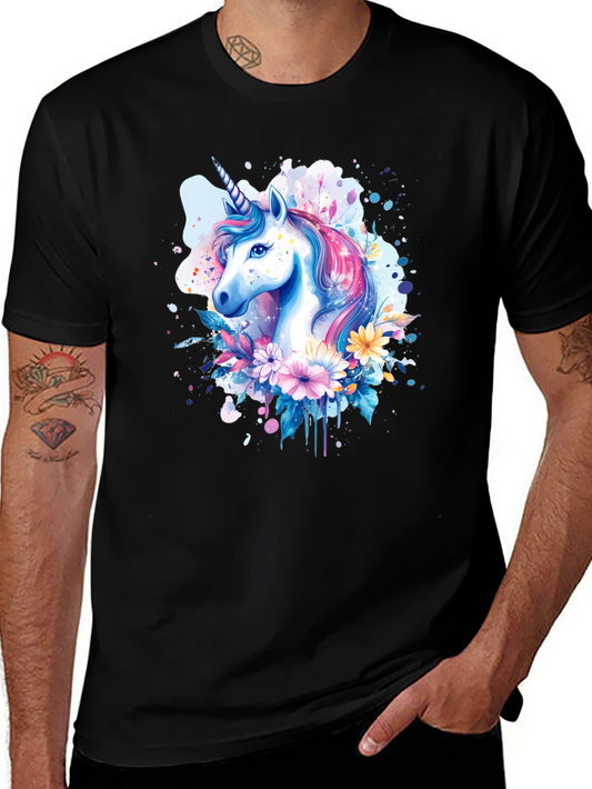 Unicorn Floral Graphic Tee - Trendy Black T-Shirt