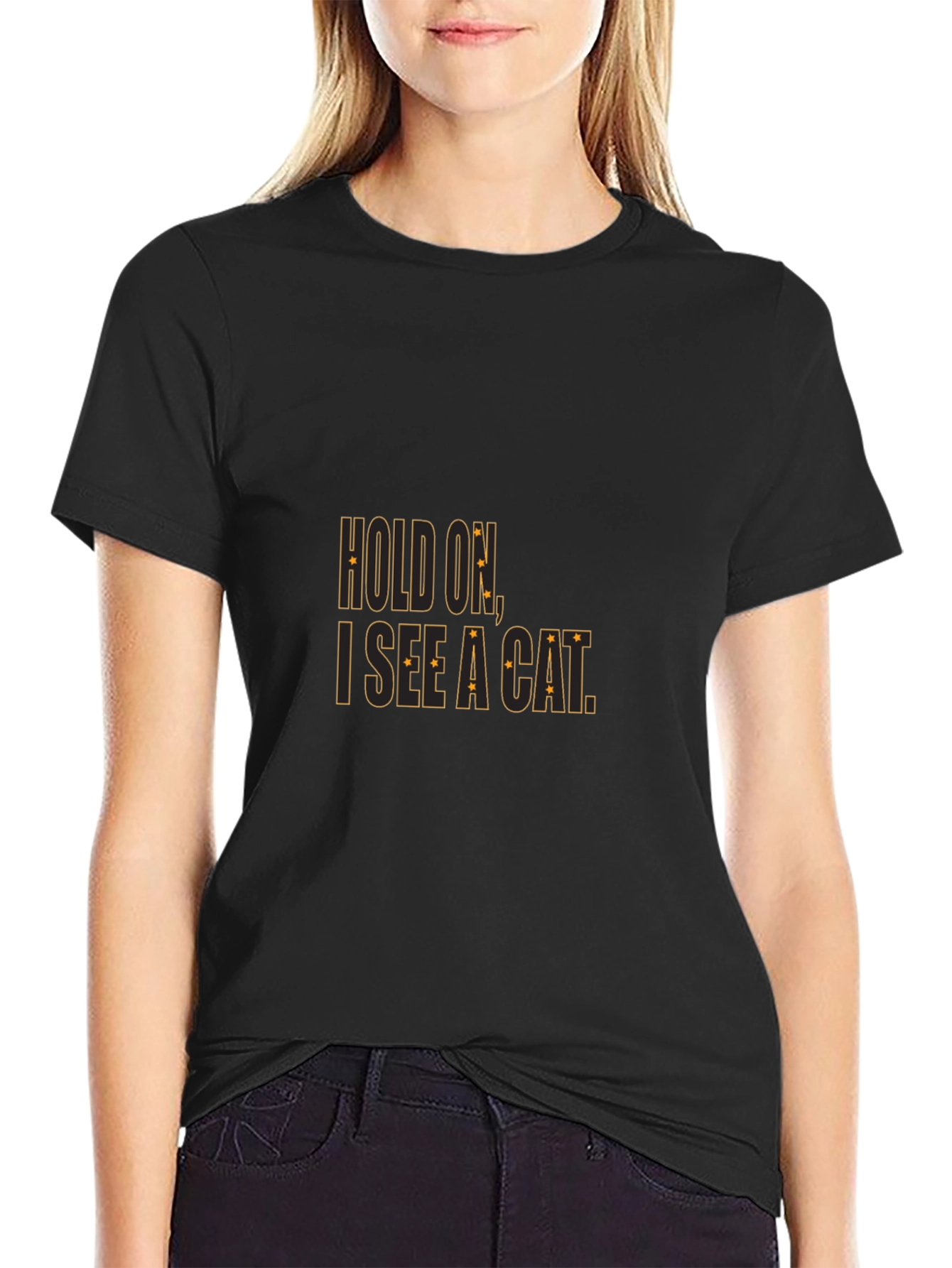 Hold On I See a Cat Black Cotton T-Shirt