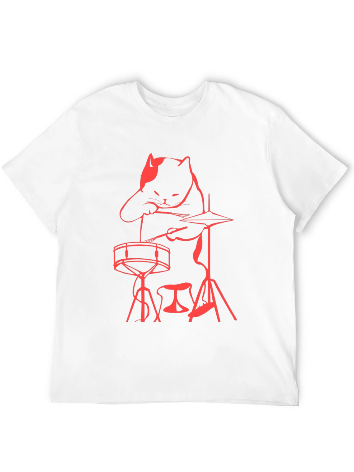 Cat Drummer T-Shirt - Black Crew Neck Tee