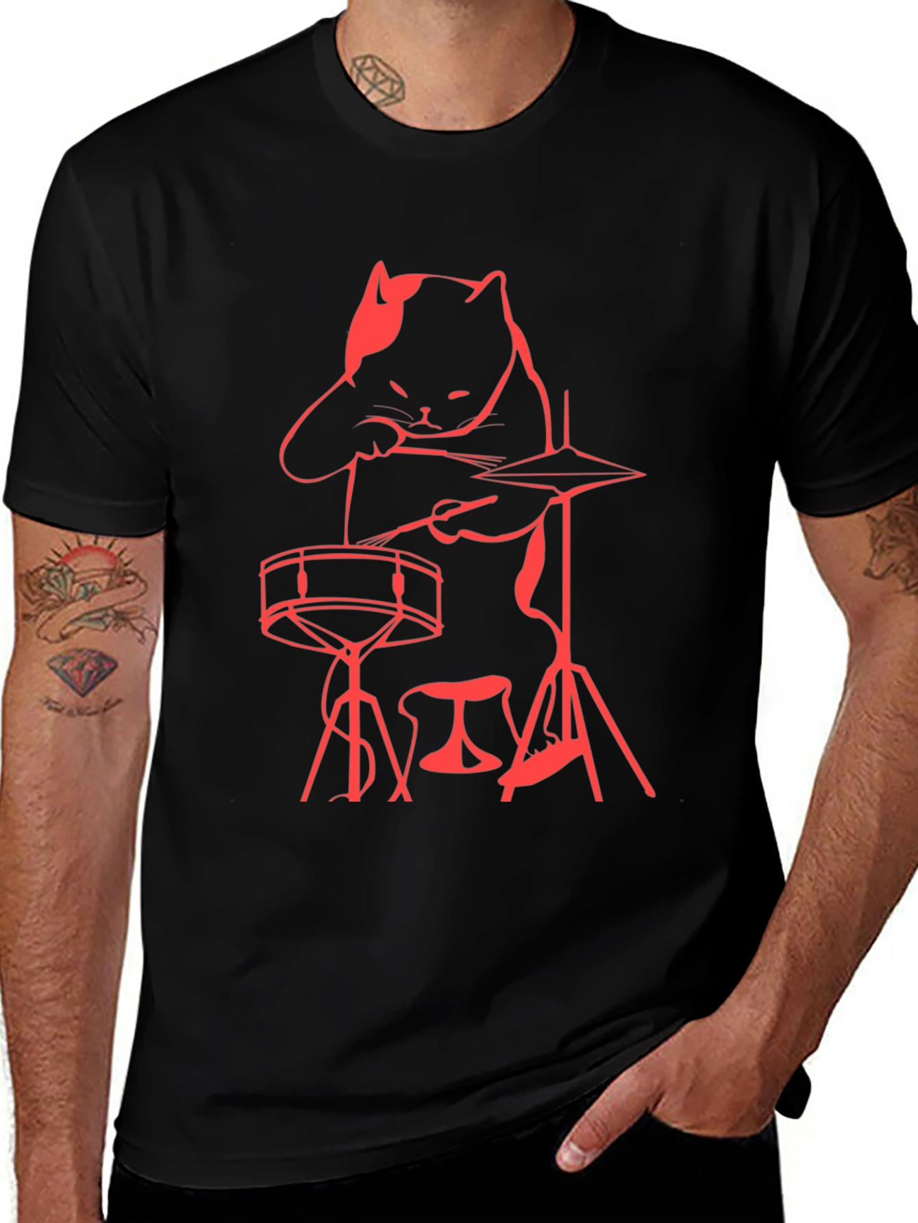 Cat Drummer T-Shirt - Black Crew Neck Tee