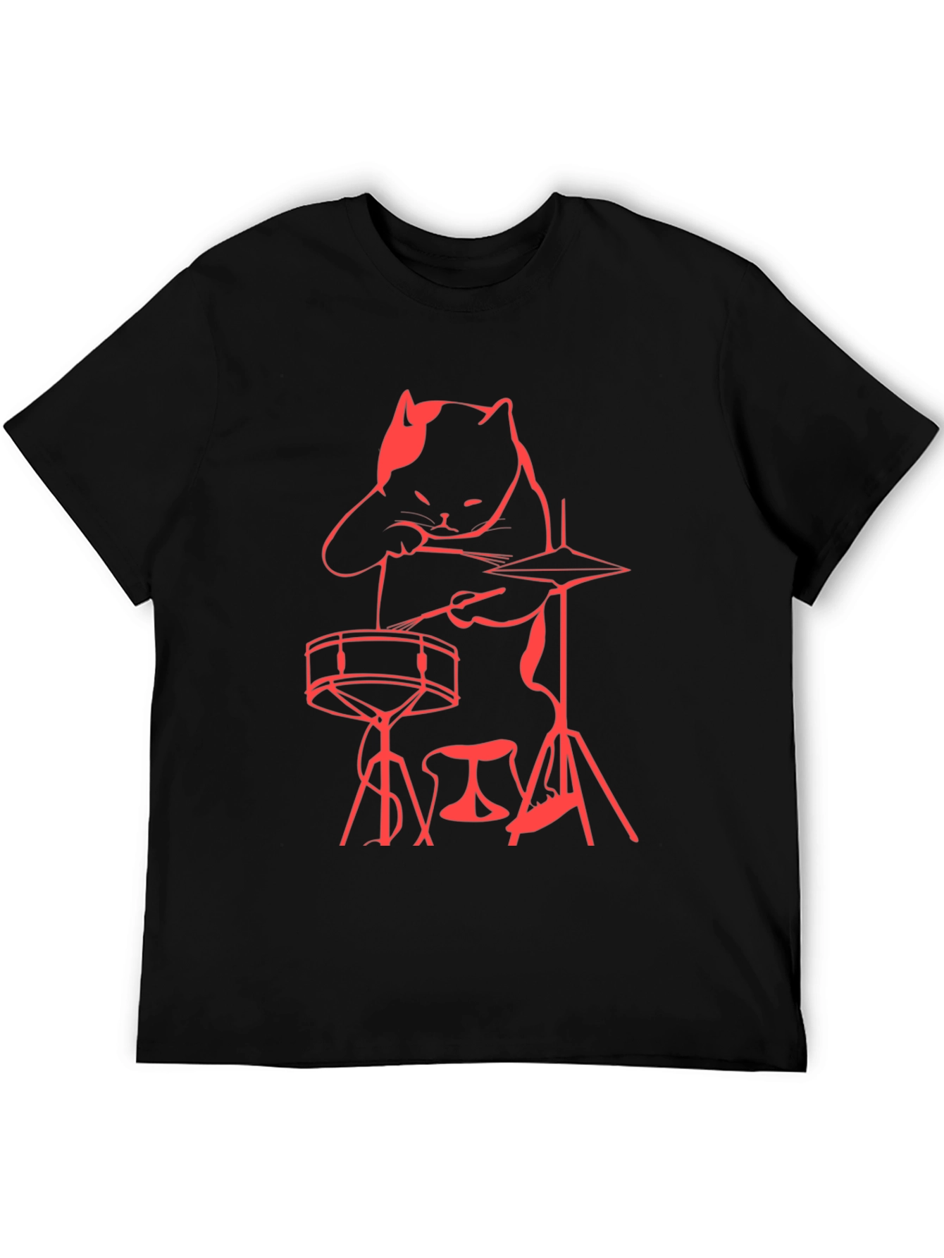 Cat Drummer T-Shirt - Black Crew Neck Tee