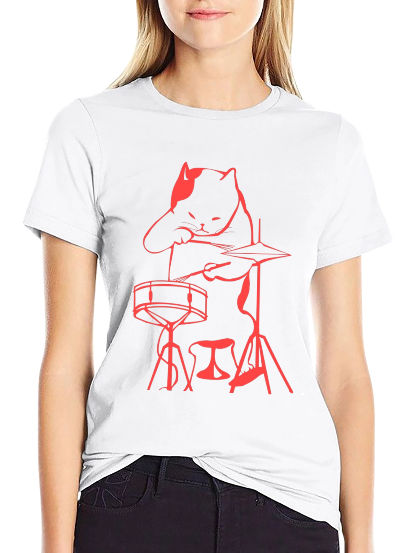 Cat Drummer T-Shirt - Black Crew Neck Tee
