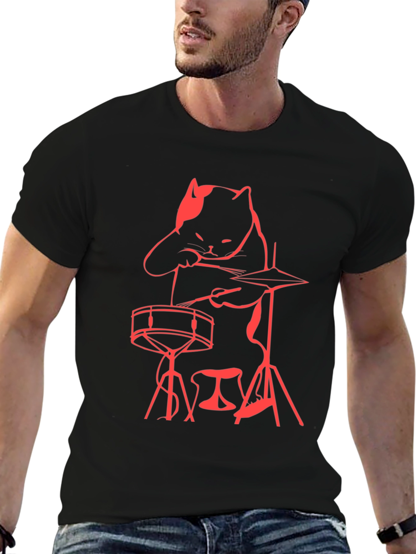 Cat Drummer T-Shirt - Black Crew Neck Tee