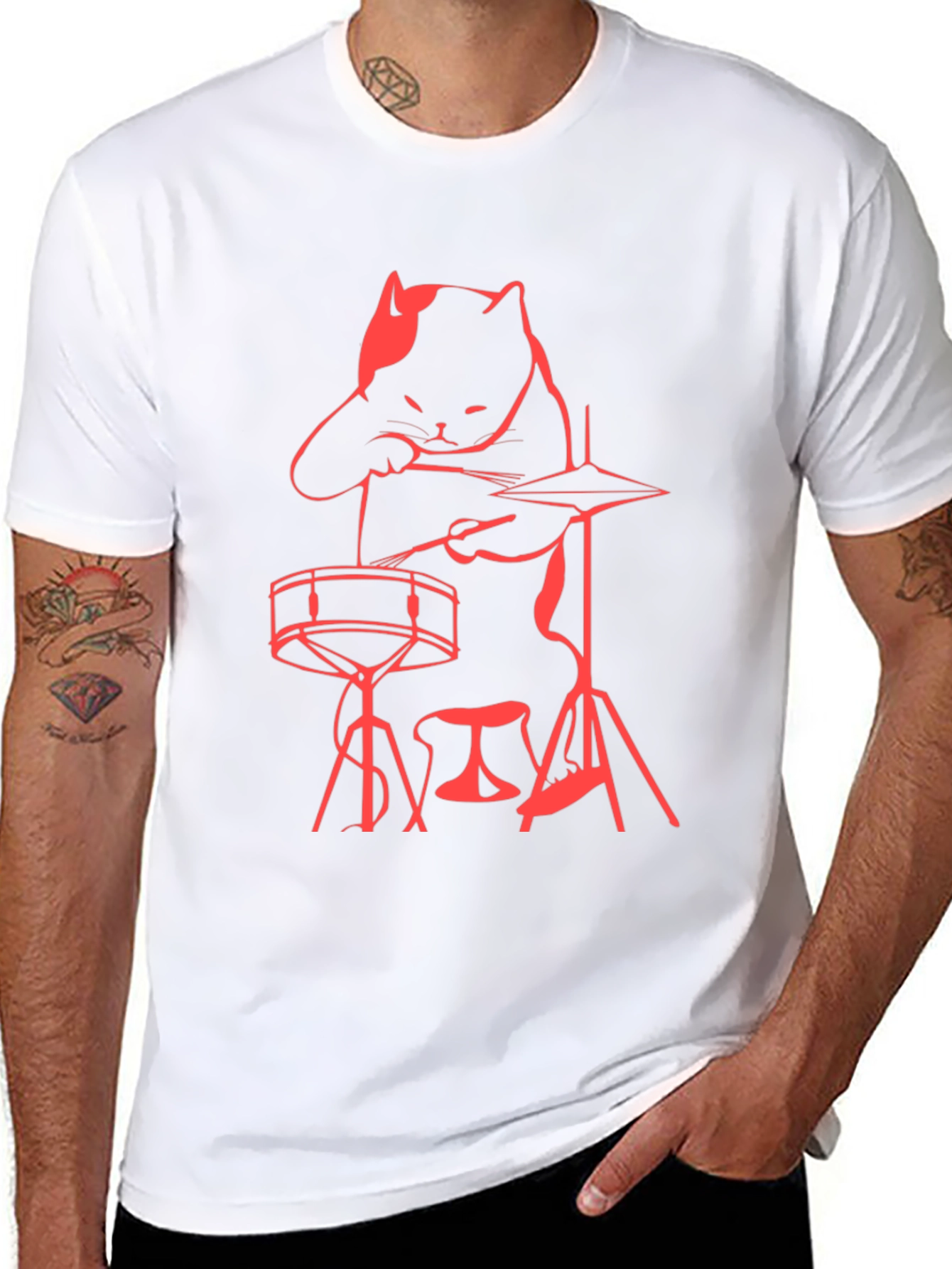 Cat Drummer T-Shirt - Black Crew Neck Tee