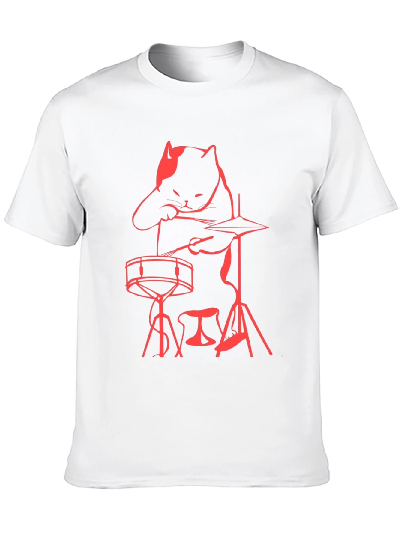 Cat Drummer T-Shirt - Black Crew Neck Tee