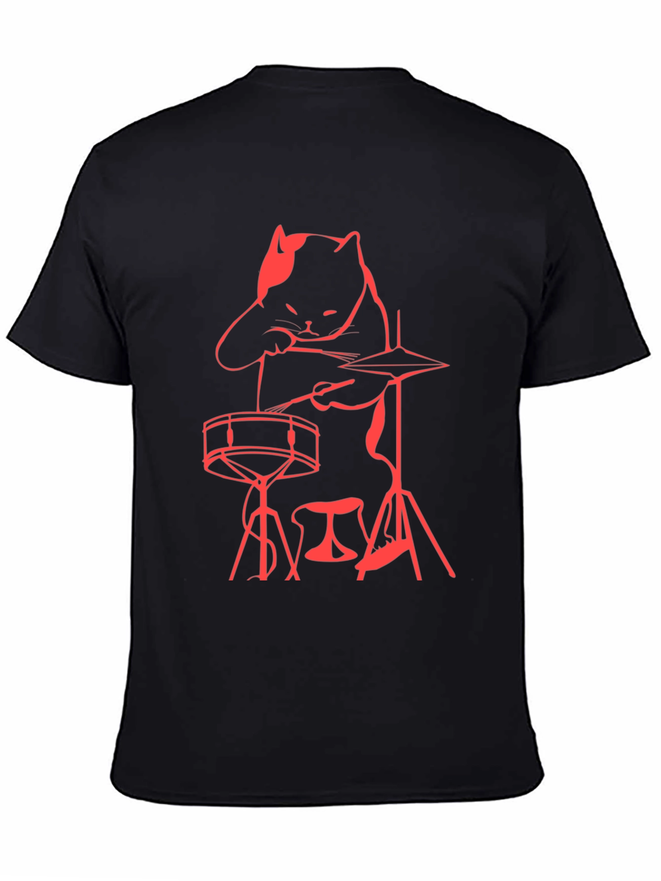Cat Drummer T-Shirt - Black Crew Neck Tee
