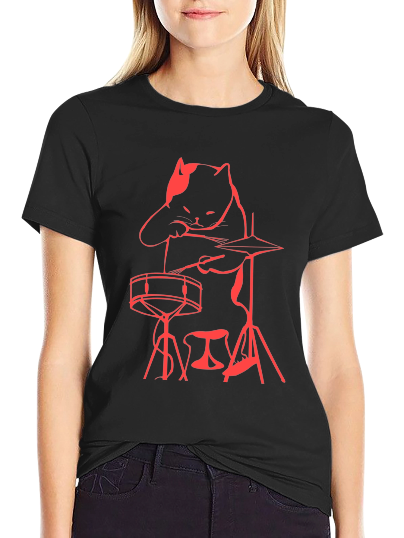 Cat Drummer T-Shirt - Black Crew Neck Tee