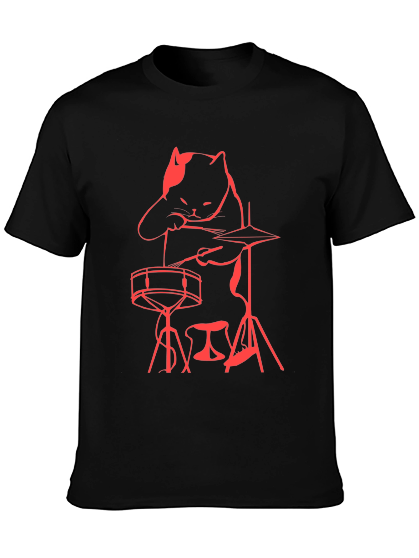 Cat Drummer T-Shirt - Black Crew Neck Tee