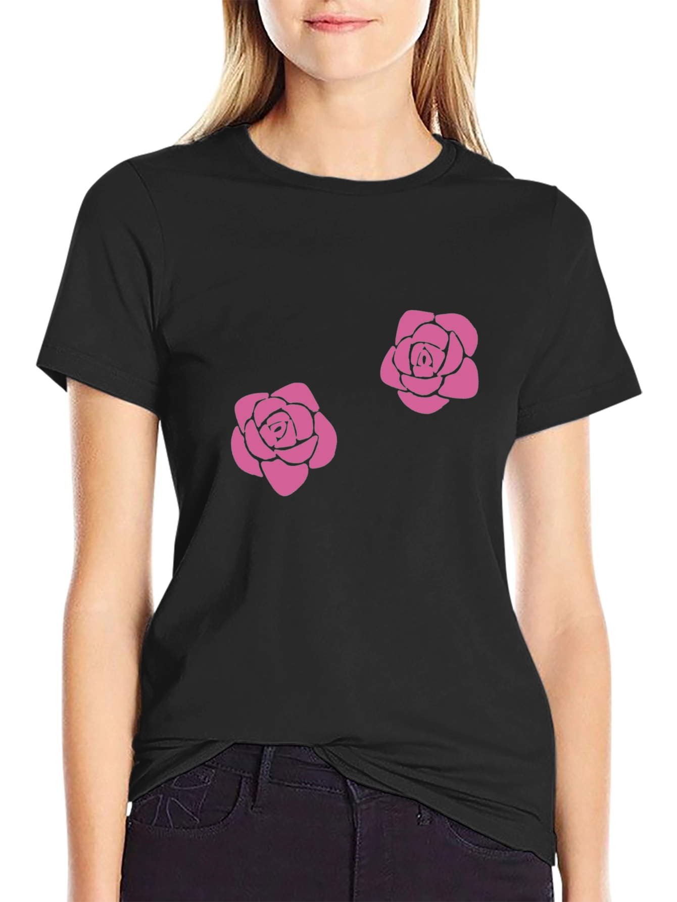 Floral Rose Graphic Tee - Casual Black T-Shirt
