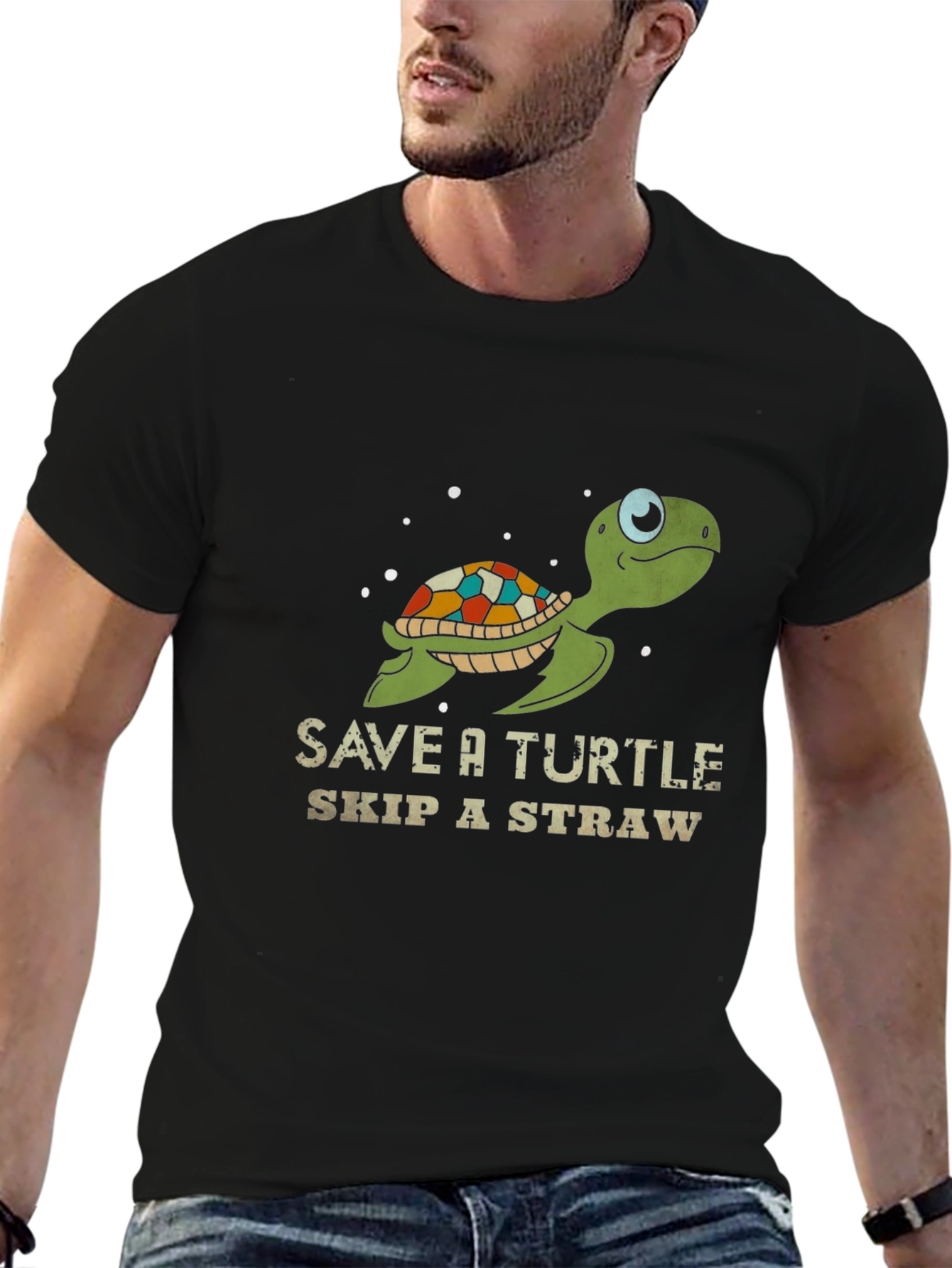Save a Turtle Skip a Straw Black Graphic Tee