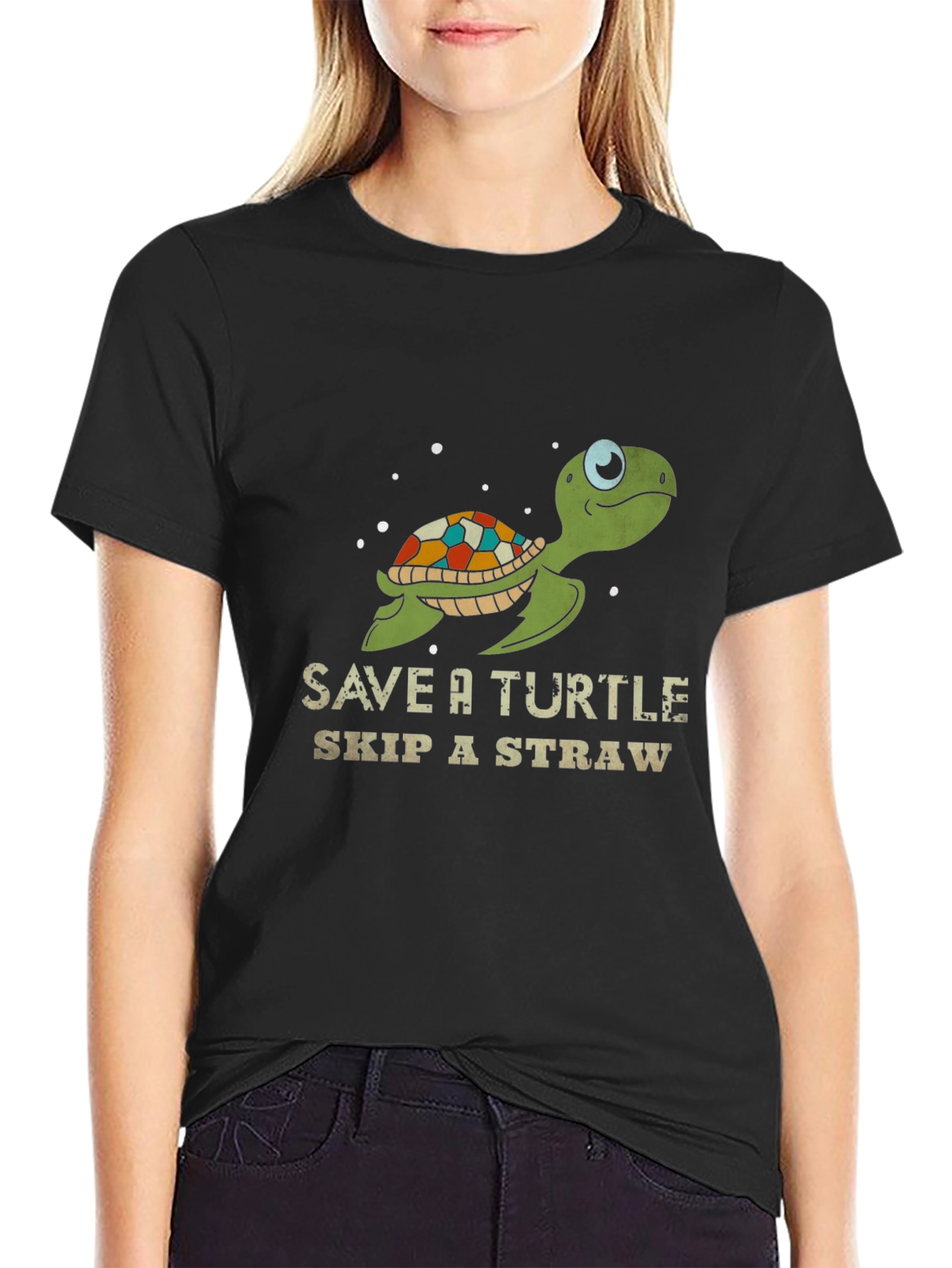 Save a Turtle Skip a Straw Black Graphic Tee