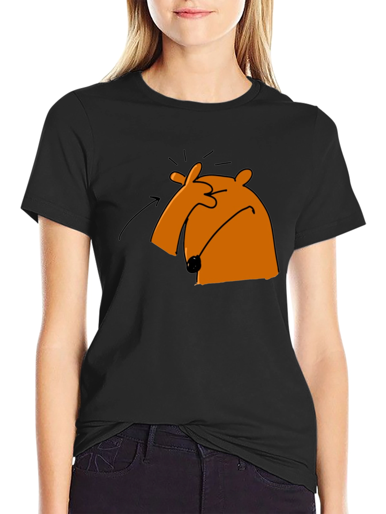 Funny Cartoon Orange Bear Black T-Shirt