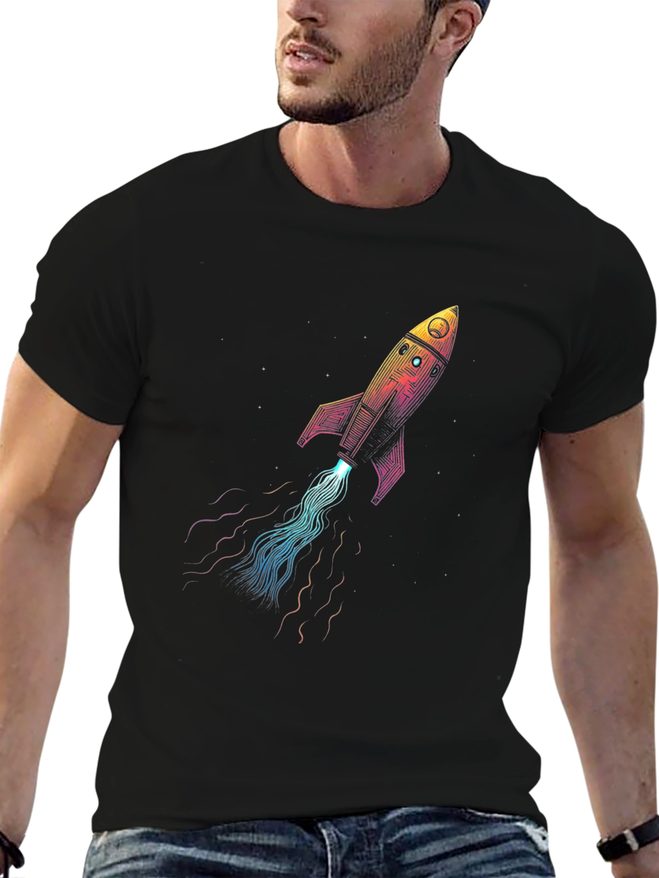 Rocket Launch Graphic T-Shirt - Black Crew Neck Tee