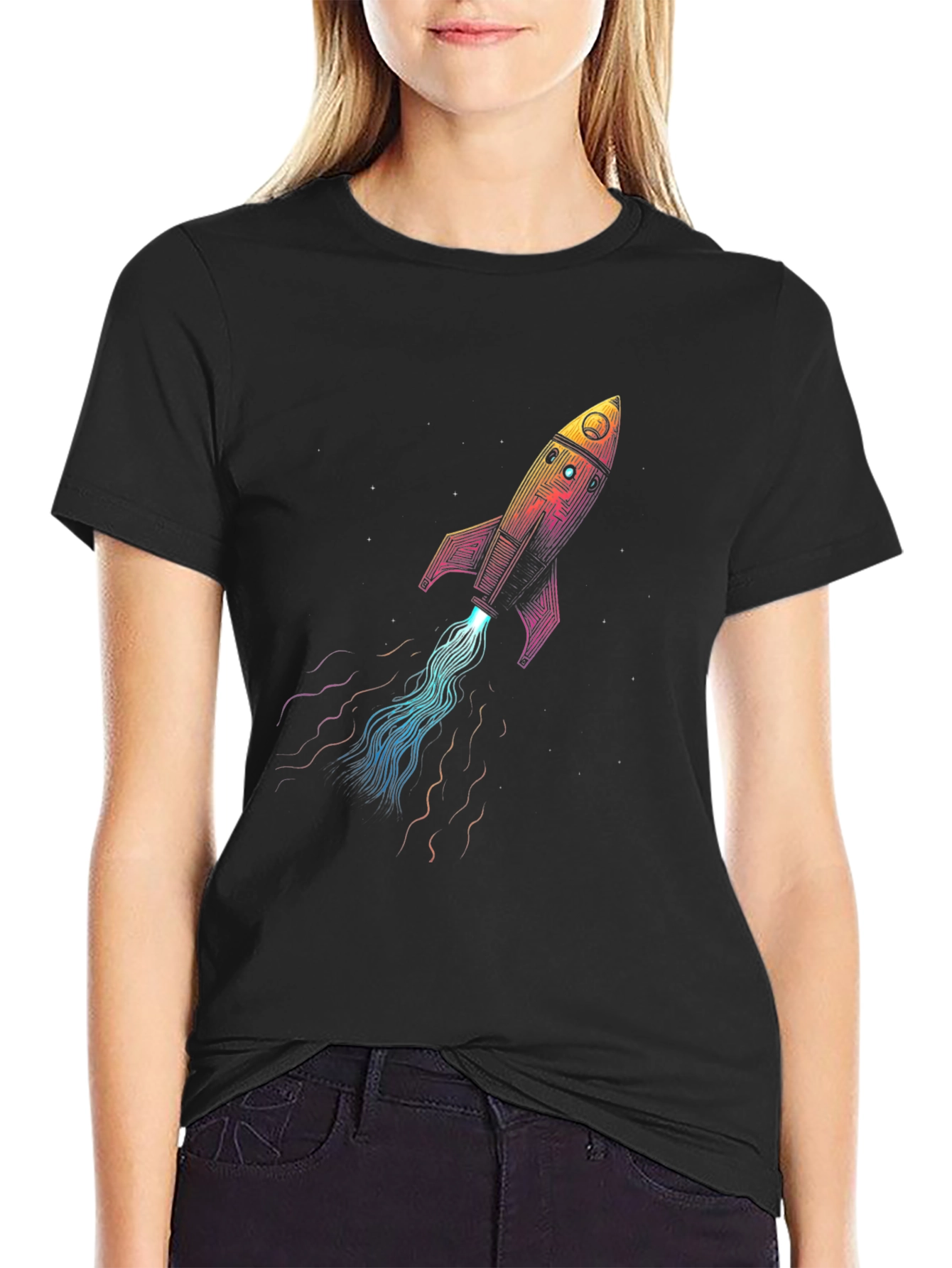 Rocket Launch Graphic T-Shirt - Black Crew Neck Tee