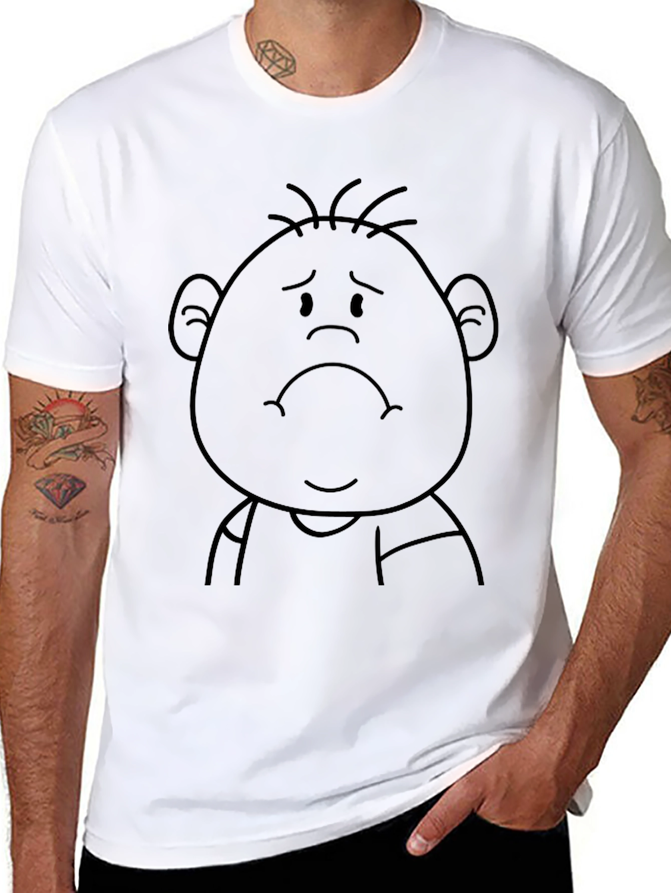 Sad Cartoon Character Black T-Shirt