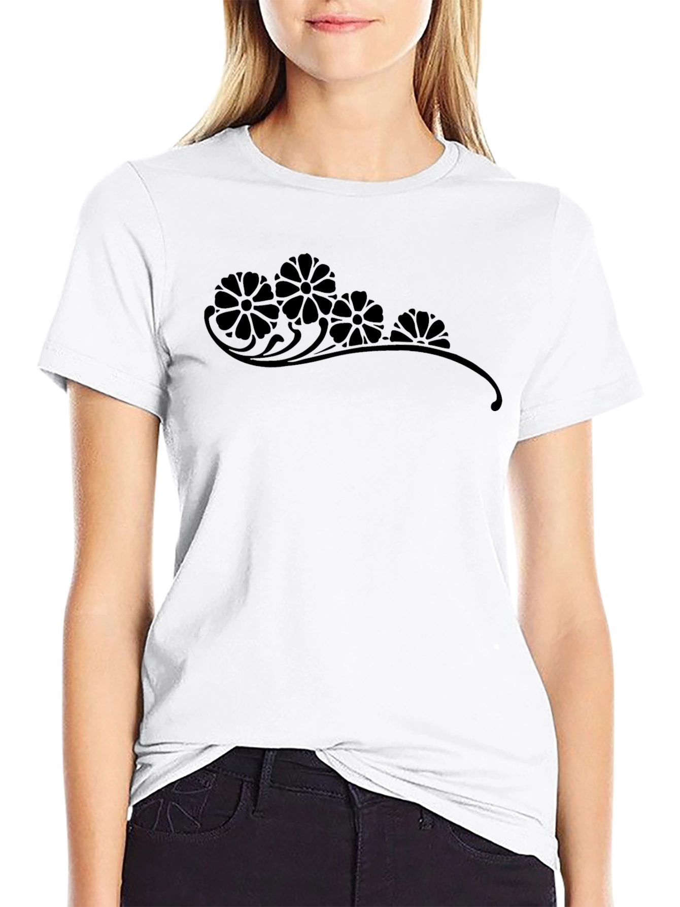 Elegant Floral Graphic Print Black T-Shirt
