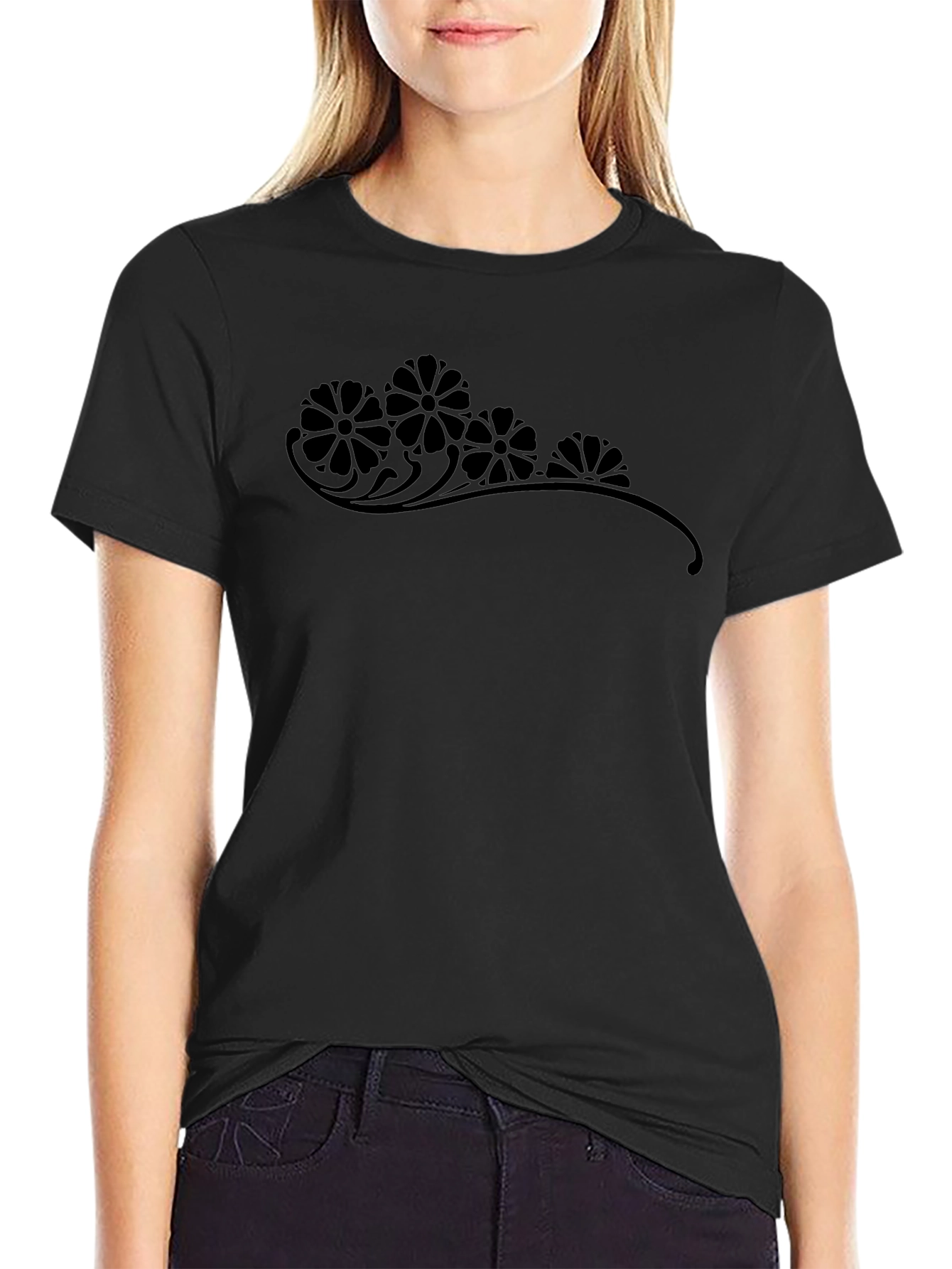 Elegant Floral Graphic Print Black T-Shirt