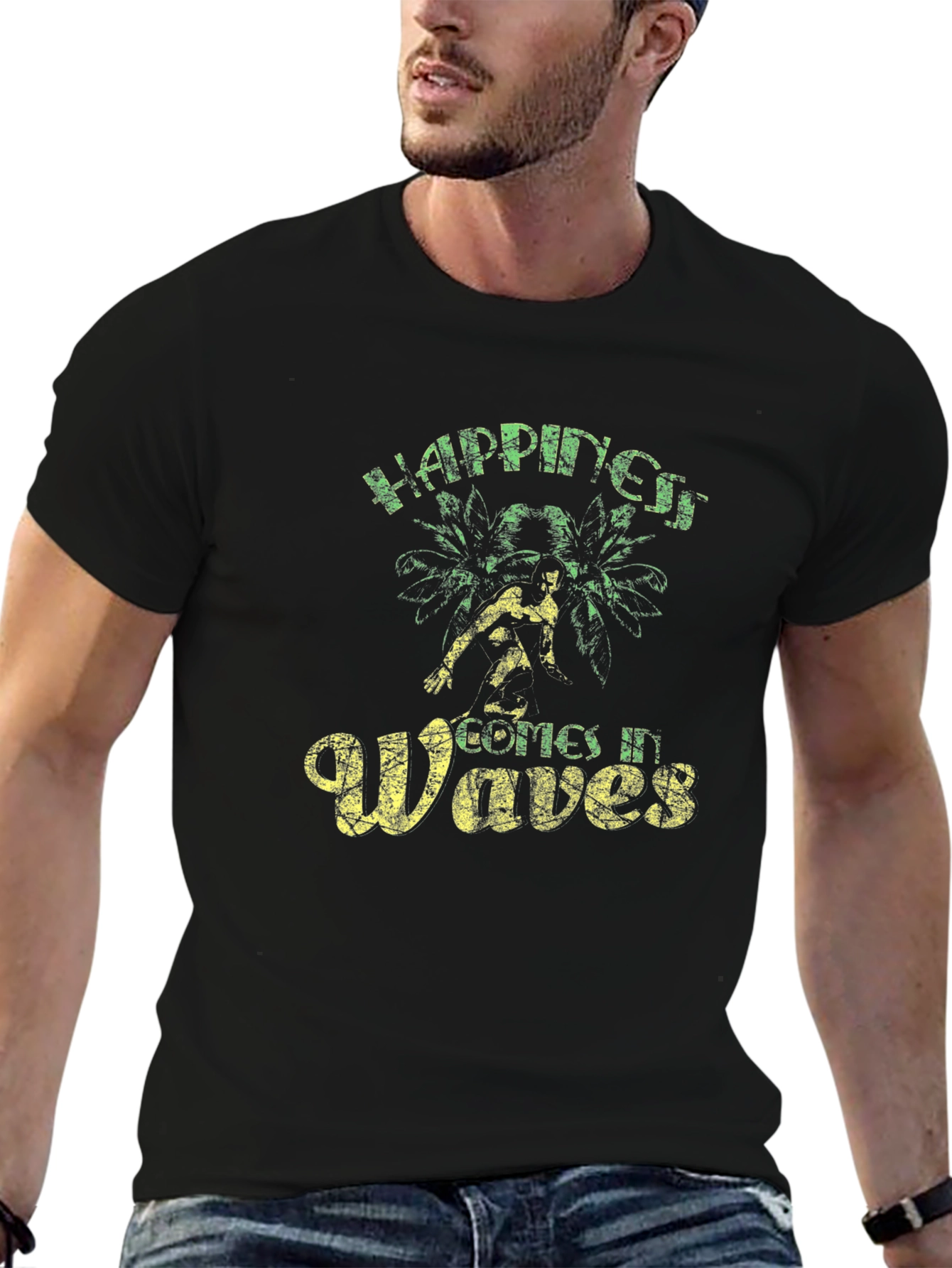 Happiness Comes In Waves Black Graphic Tee